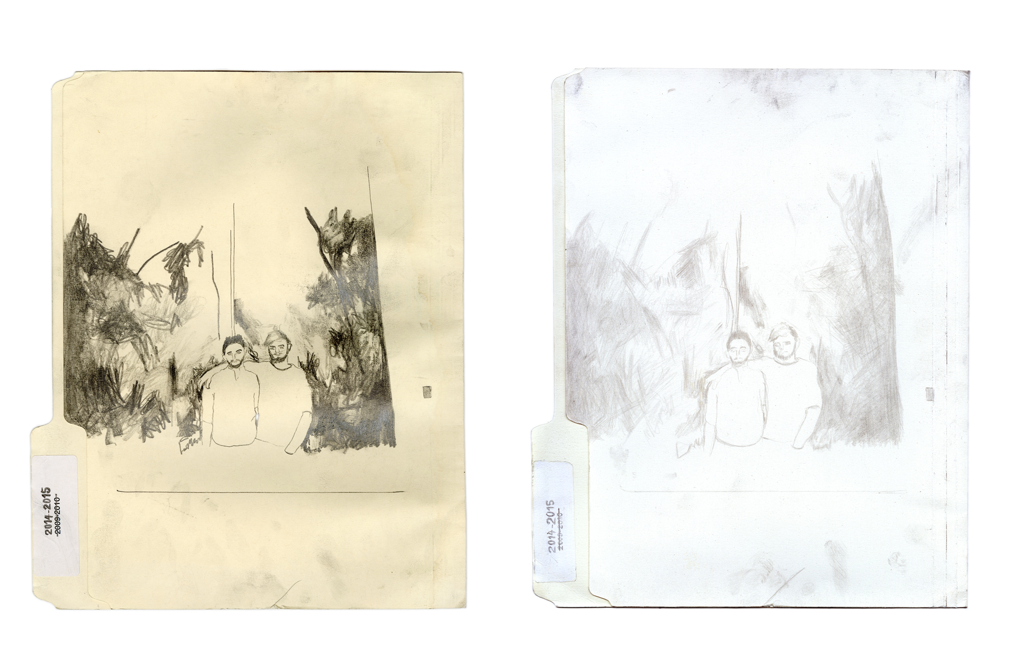 Left: Dustin Loveland, Untitled (Drawing of Us), 2017, graphite on found Manila folder; Right: Ruben Castillo, Untitled (After Your Drawing of Us), silverpoint, gouache, and graphite on hand-cut ground paper