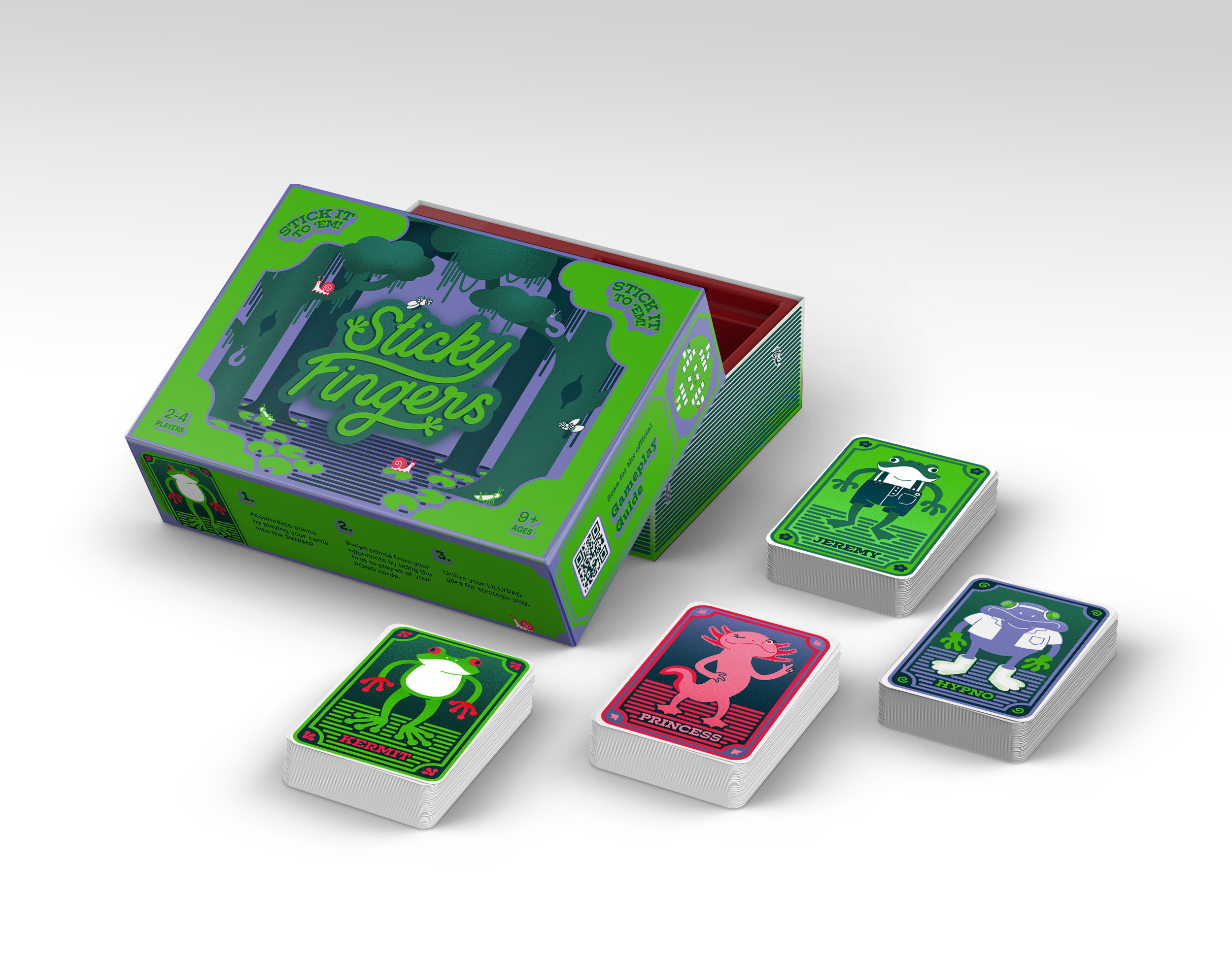 Product shot mockup of game box and four card decks.