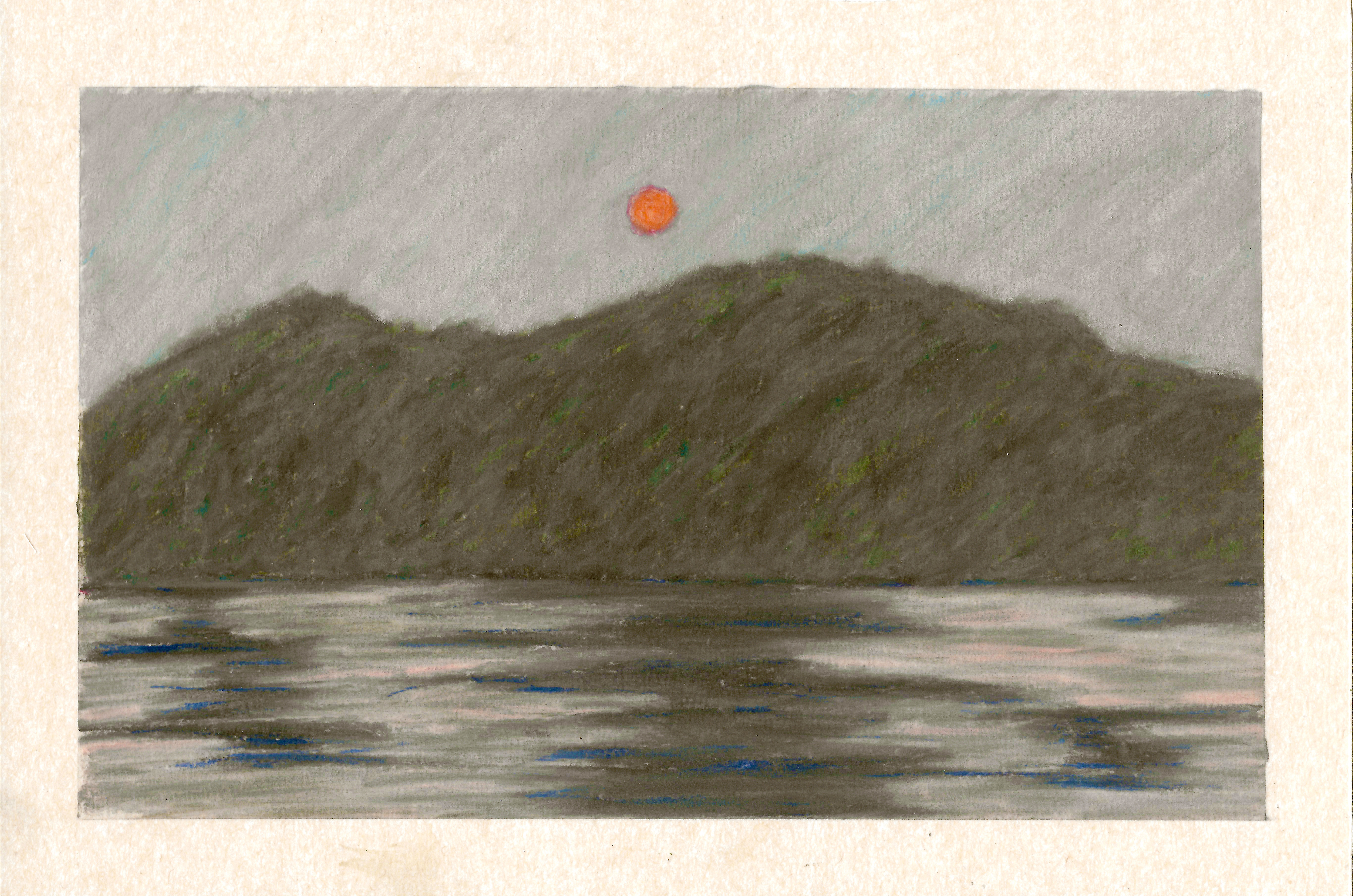 Moonrise, Lake George, 2024, soft pastel on paper, 6 x 9 inches