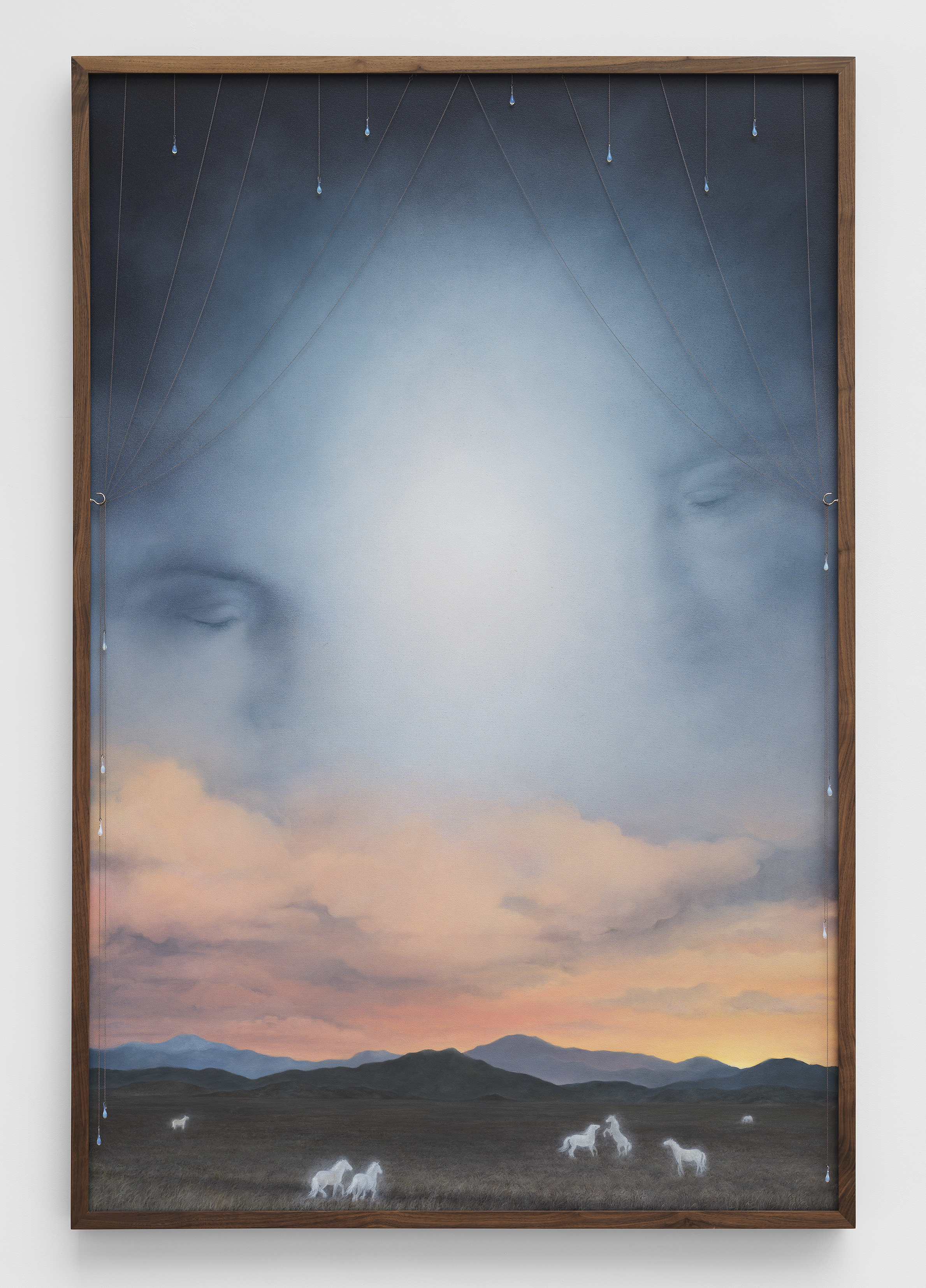 The Great Wonder (A New Constellation), 2025, oil paint and acrylic on canvas, glass, chain, walnut, 72.5 x 48.5 x 2 3/4  in. 