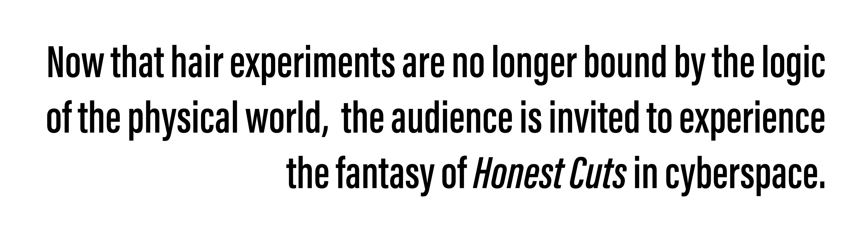 Now that hair experiments are no longer bound by the logic of the physical world, the audience is  invited to experience the fantasy of Honest Cuts in cyberspace.