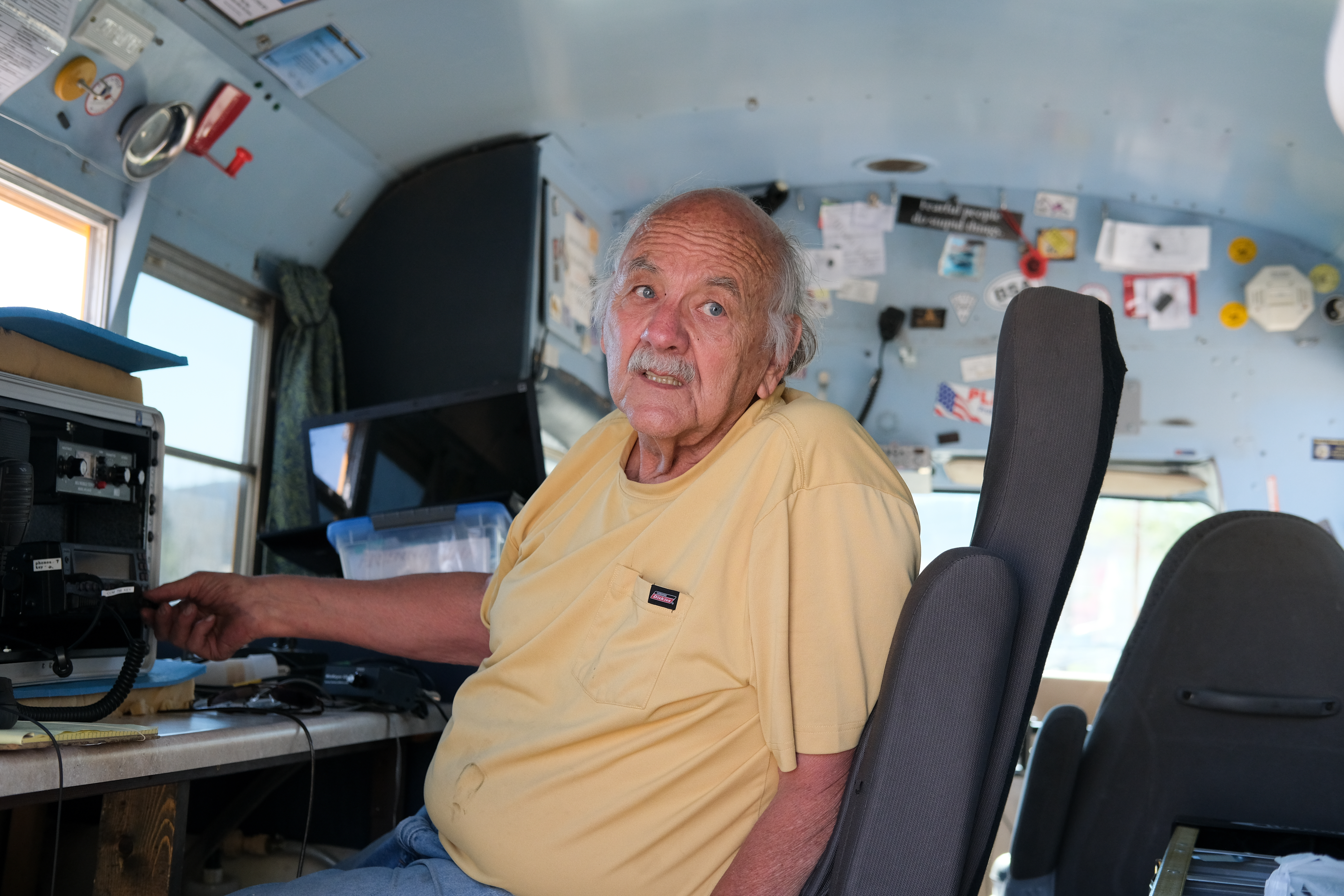 A school bus outfitted into a portable radio station in Circleville, UT.