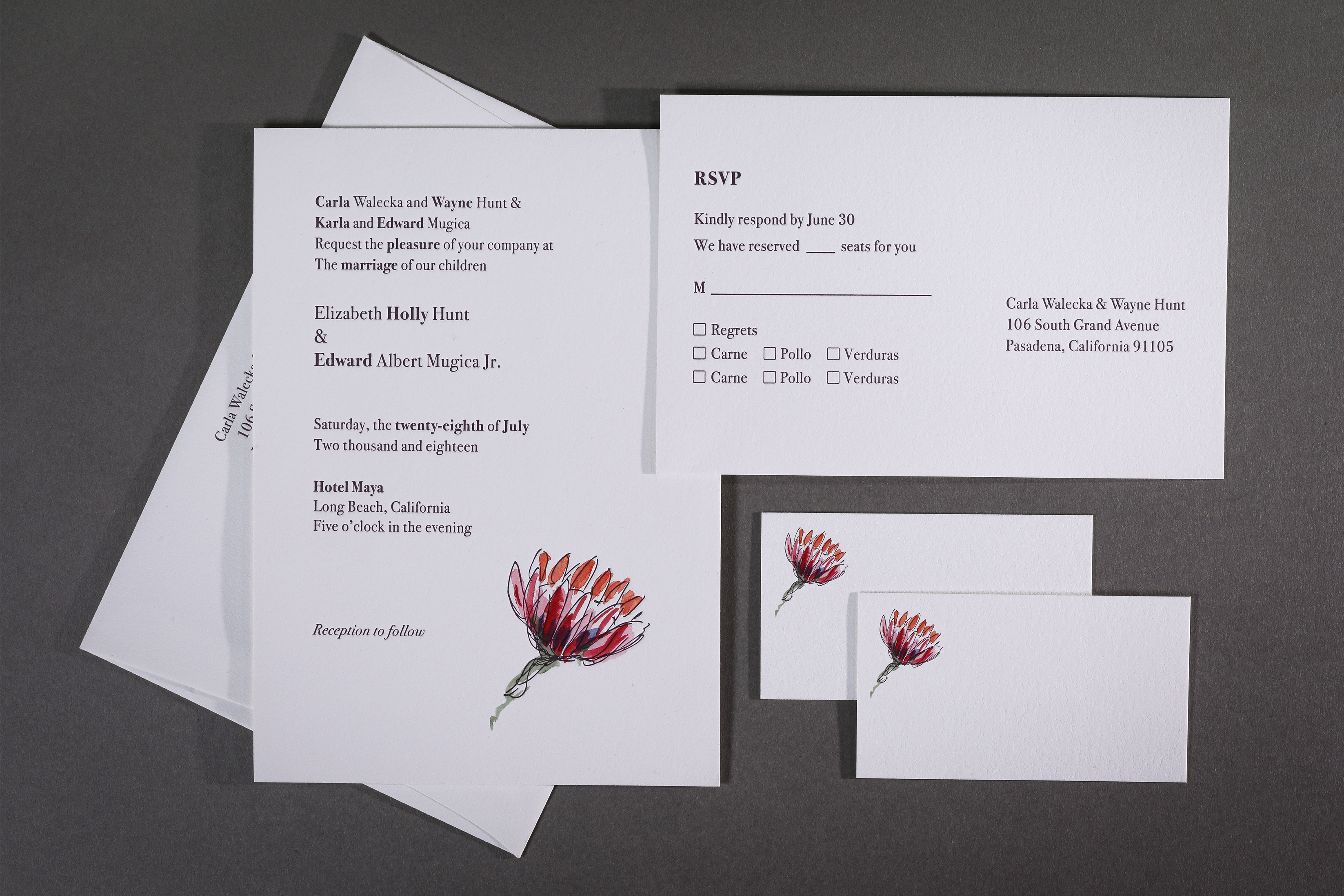 LETTERPRESSHolly & Edward wedding invitation with watercolored flowers