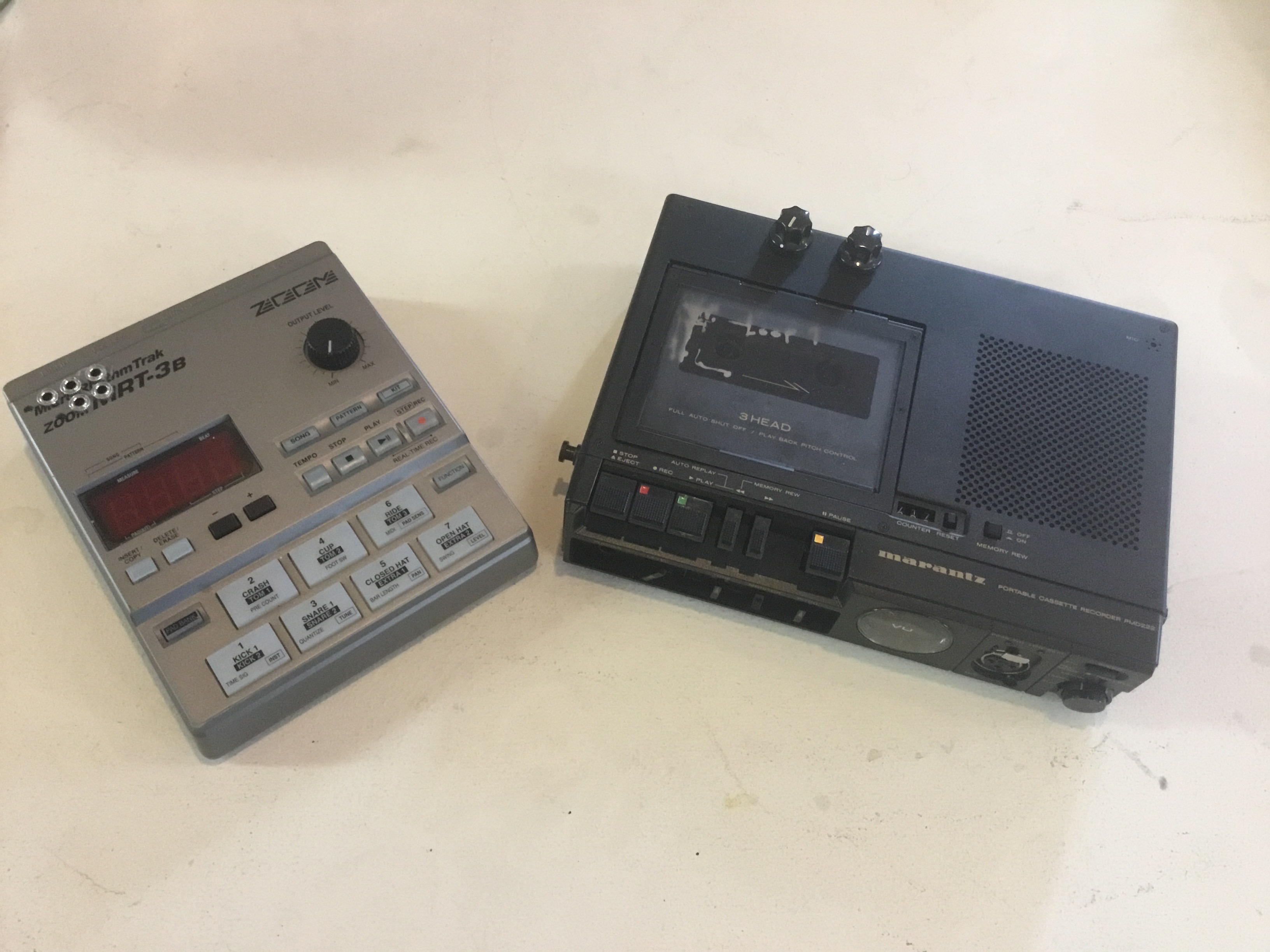 left 2017 circus bent Zoom drum machine right 2005 marantz tape machine circus bent af 