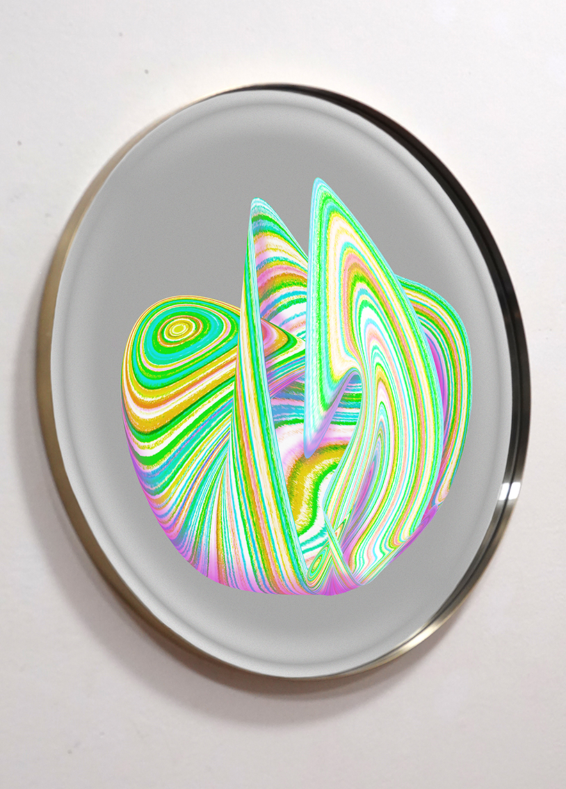 DESSIN SPACEMAKER Forme 4 – 2024. Ø 50 cm. Travail digital imprimé d’après dessin crayon, et encollé sur miroir à bordure métallique