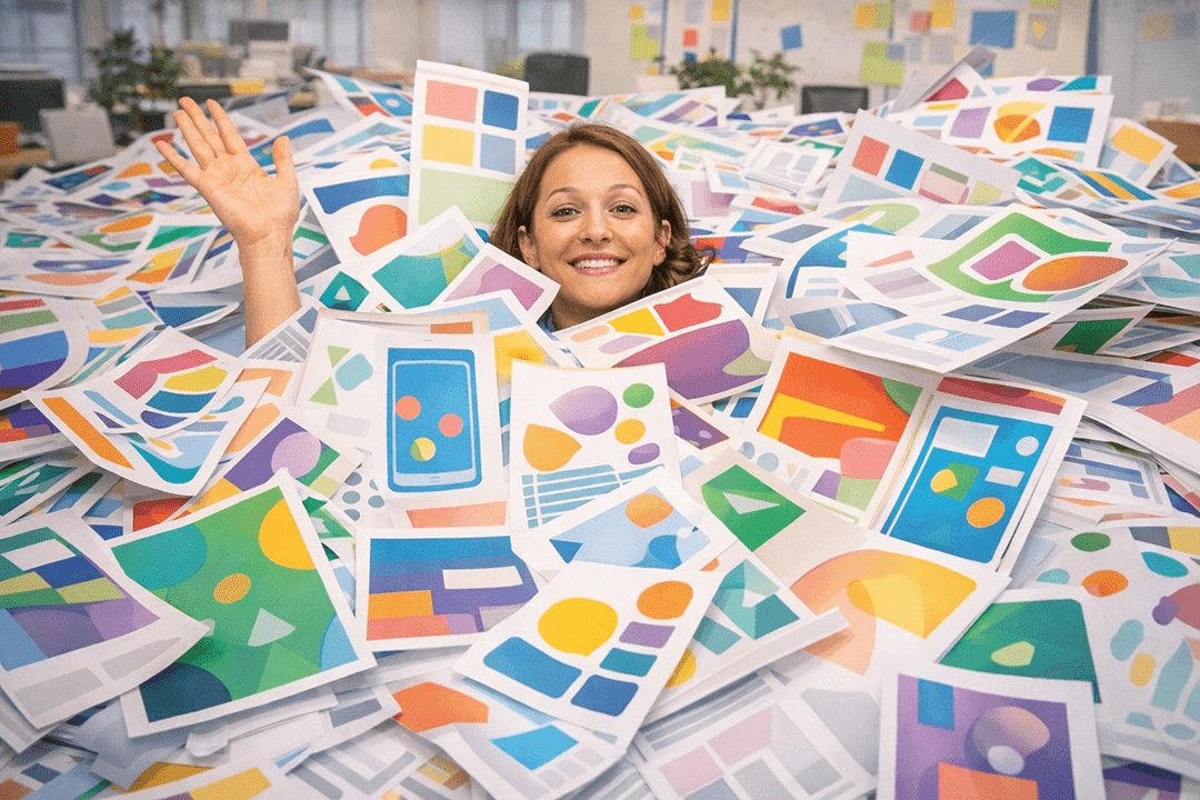 Awkward corporate stock photo of a person drowning in an avalanche of printed flyers, brochures, posters, and social media mockups scattered everywhere. They smile like it&rsquo;s fine. Everything is blank or has abstract shapes only (no readable text). Bright lighting, staged, slightly uncanny AI look, wide banner crop, no logos.
