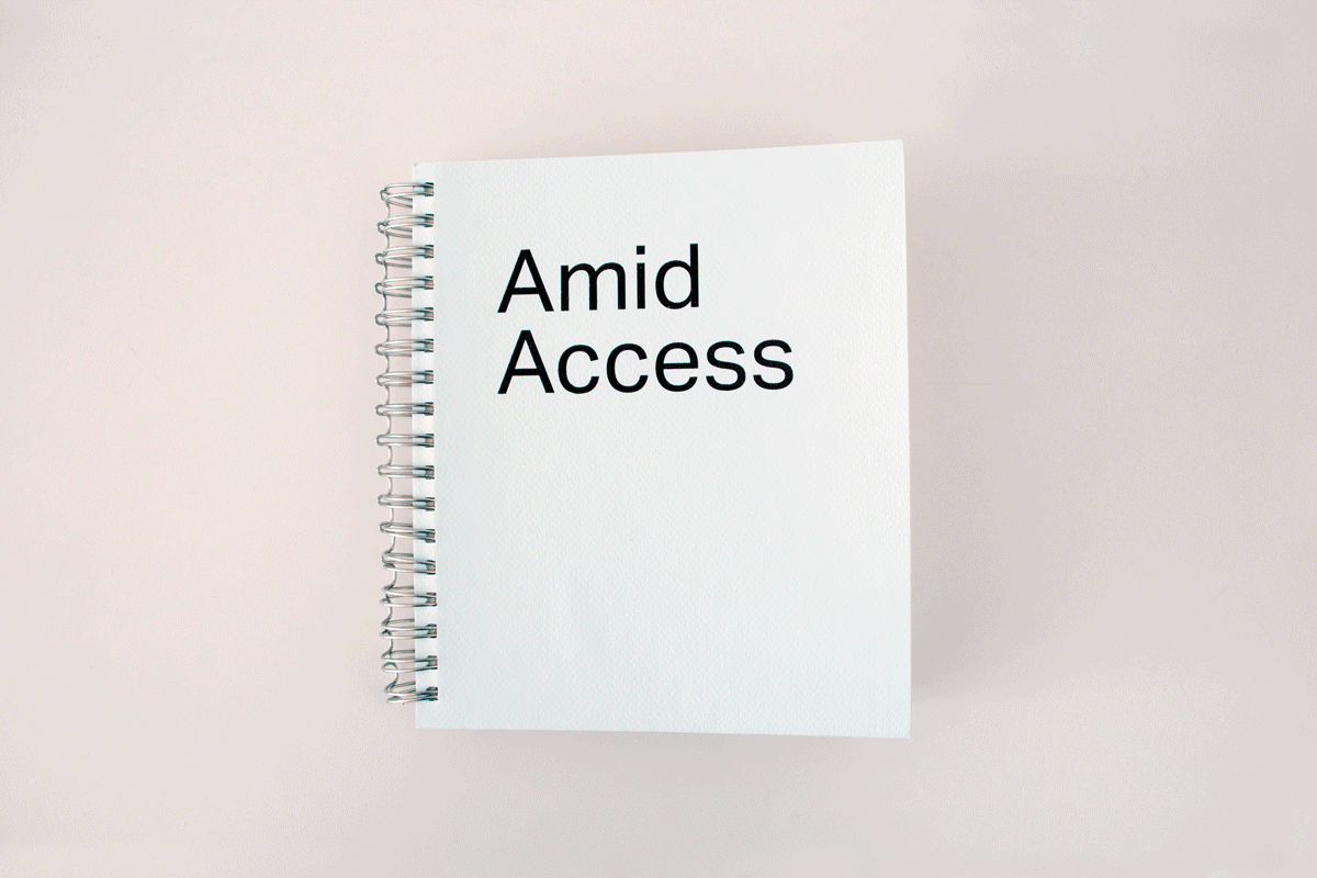 Gif of a spiral bound book titled, "Amid Access" flipping through different spreads.