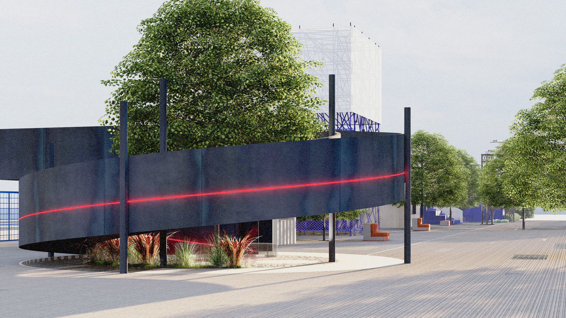the space with material transitions, form separations, and mobile equipments