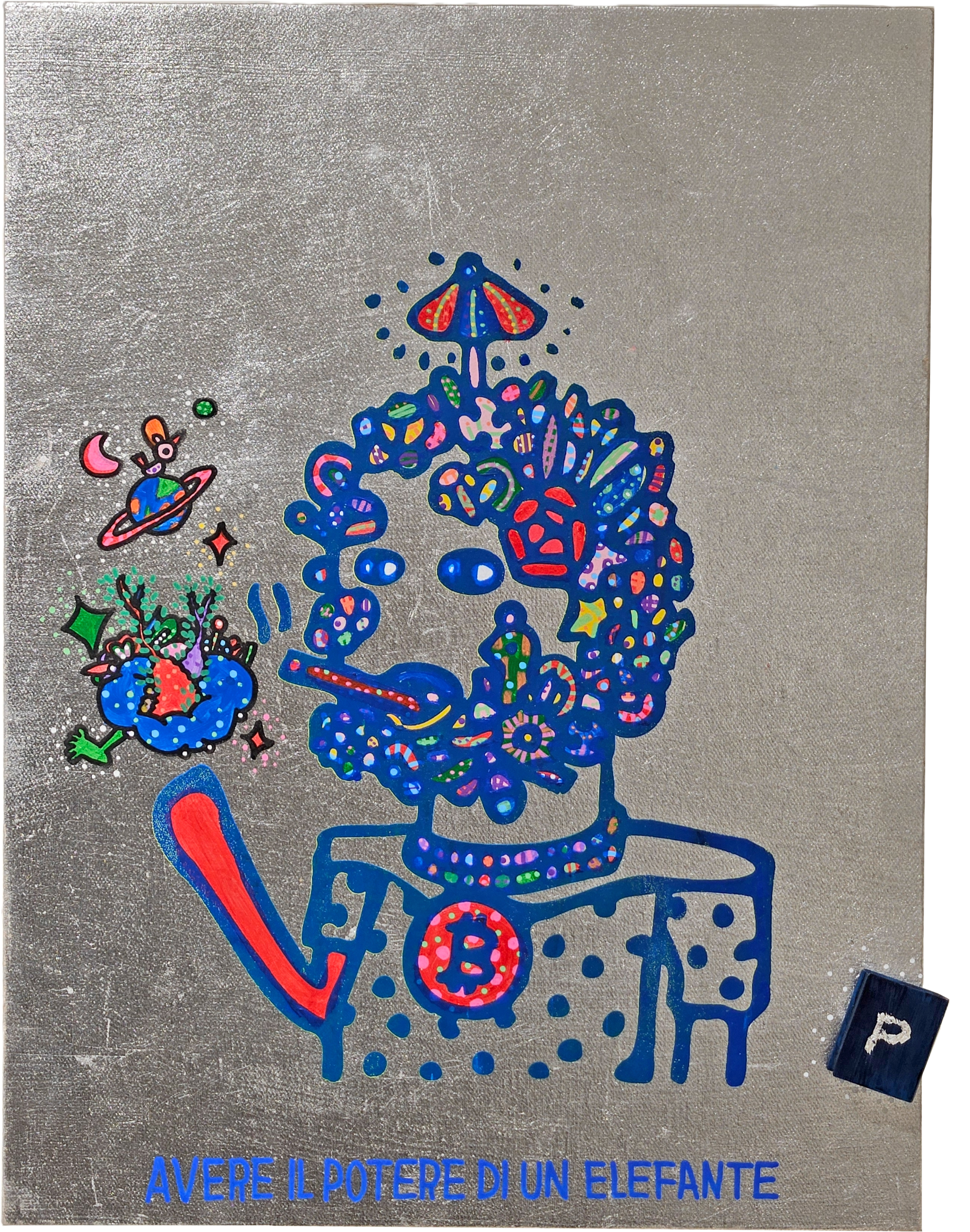 Mr.makeAwish-願望清單。Mr.makeAwish-Wishlist。Acrylic, metal foil, three-dimensional object, canvas.    Cm 40x50  -  42x56,   2024   