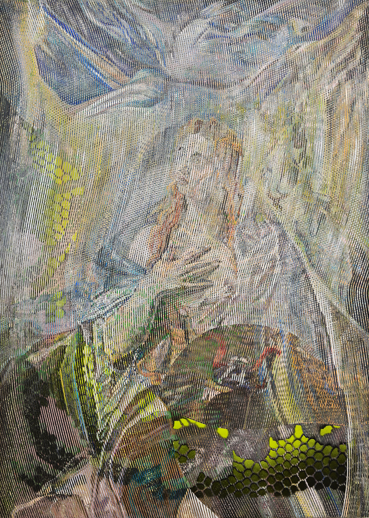 Kim Benson, Seek You Will Find, 2022, oil and enamel on canvas, 64” x 48”