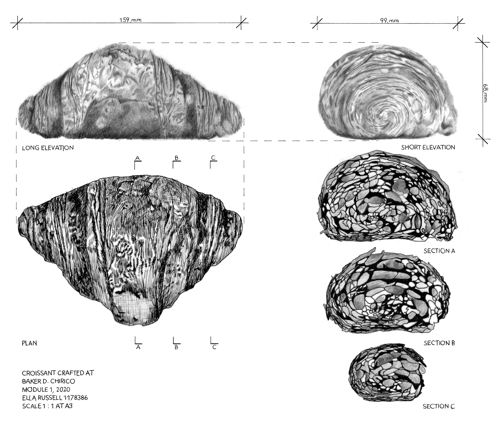 Orthographic projection: A conversion of photographic images in orthographic layout to pencil and pen hatching and shading.