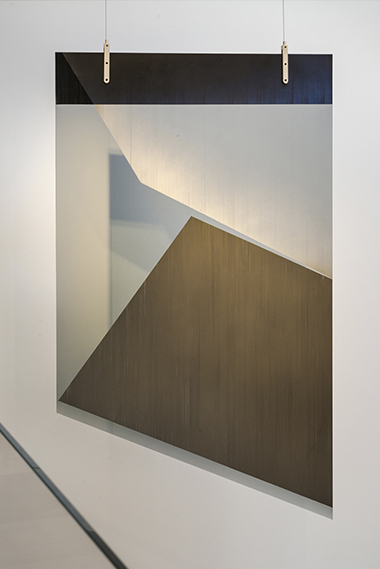 Present Tense / Tempered, beveled, polished and enameled glass, suspenede with aluminum supports and steel cable / 92 x 55 in x 6 mm