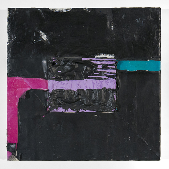 Wayz: Norte o Sur12" x 12 "  Acrylic, latex, oil paint, and lead white oil paint, plaster, liquid plastic, wax, tape, charcoal, graphite on plywood panel