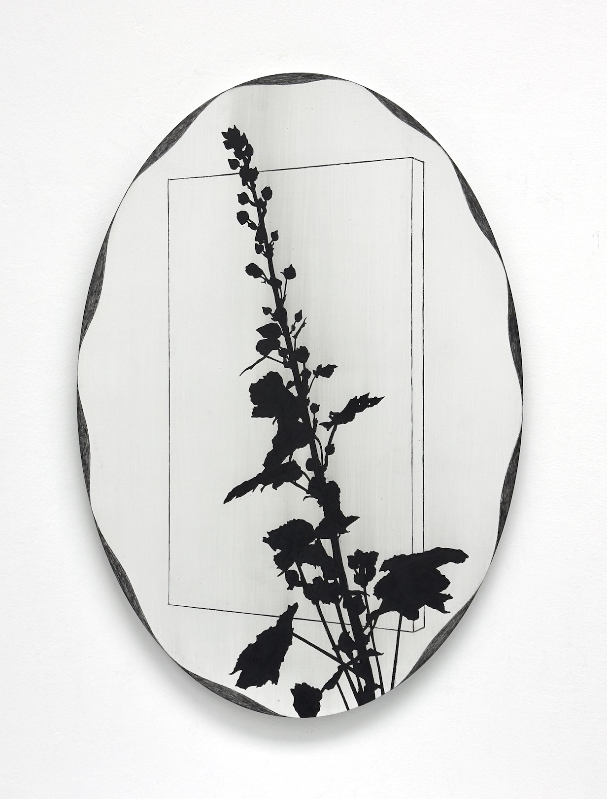 &lsquo;July memories, now the tribute to our very first hollyhock!&rsquo;, 2025, (cont&eacute;) pencil and acrylic on aluminium, 44.5 x 31 cm. 