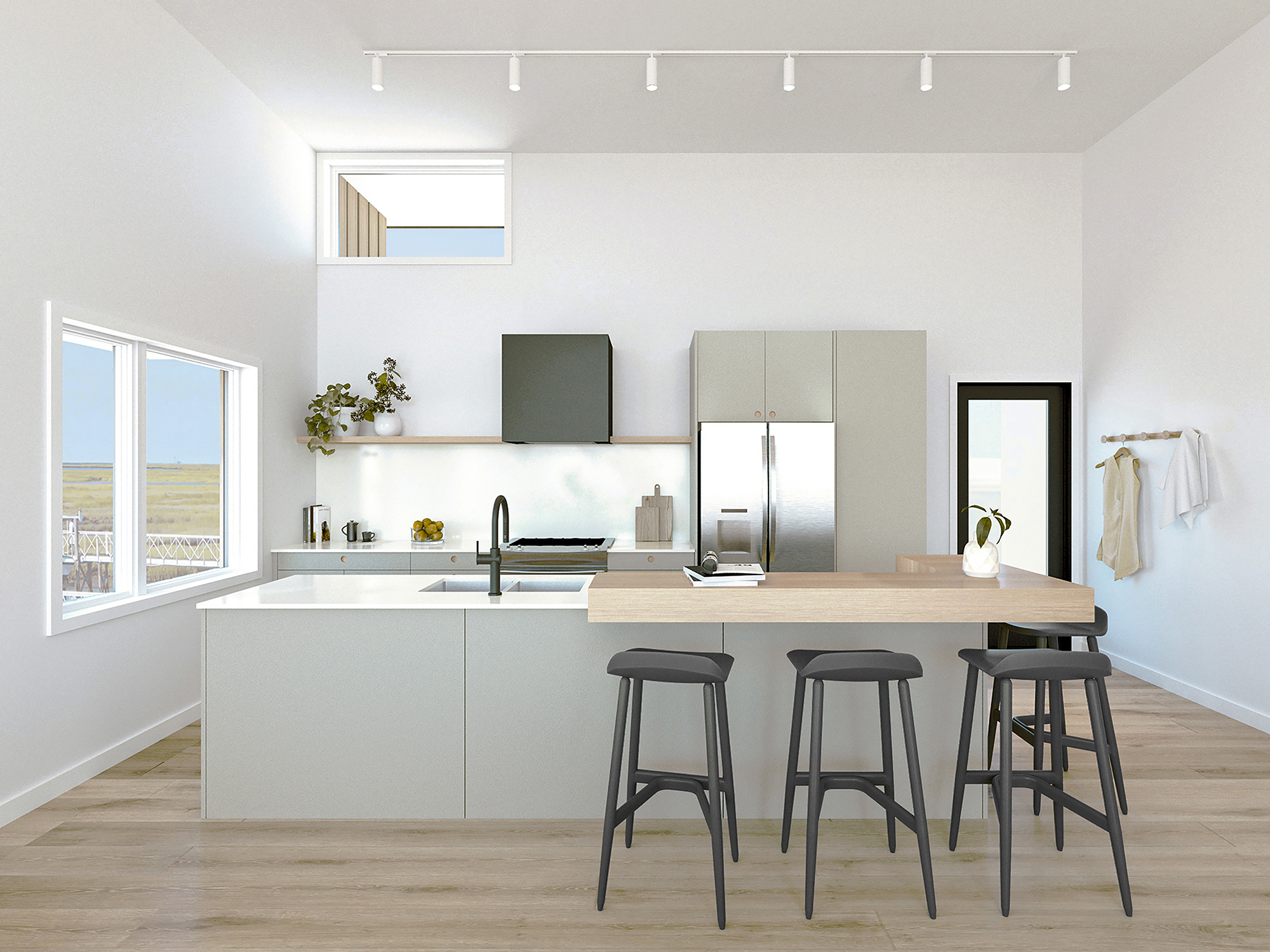Architectural render of the Brigantine Paddle Club's upper-level kitchenette, featuring light gray cabinets, a white island with a wood overhang for bar seating, and large windows.