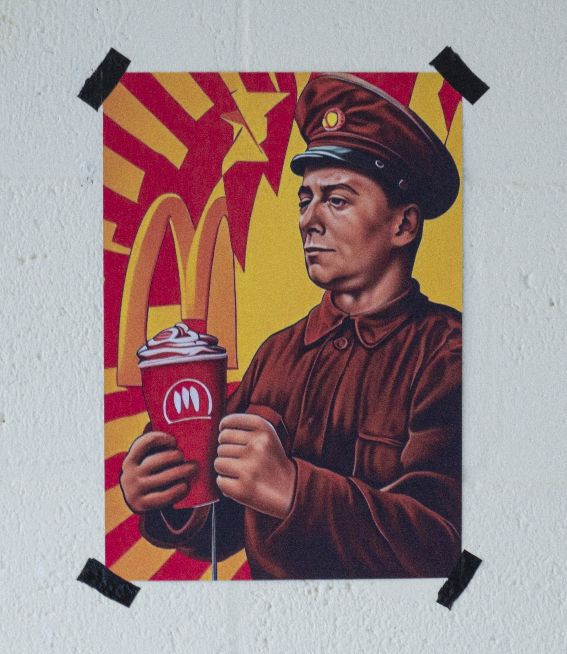 "A3 size Socialistic realism propaganda poster with Mc*******", From Paradise 2023, AI Generated Print on Paper, 21x30cm.