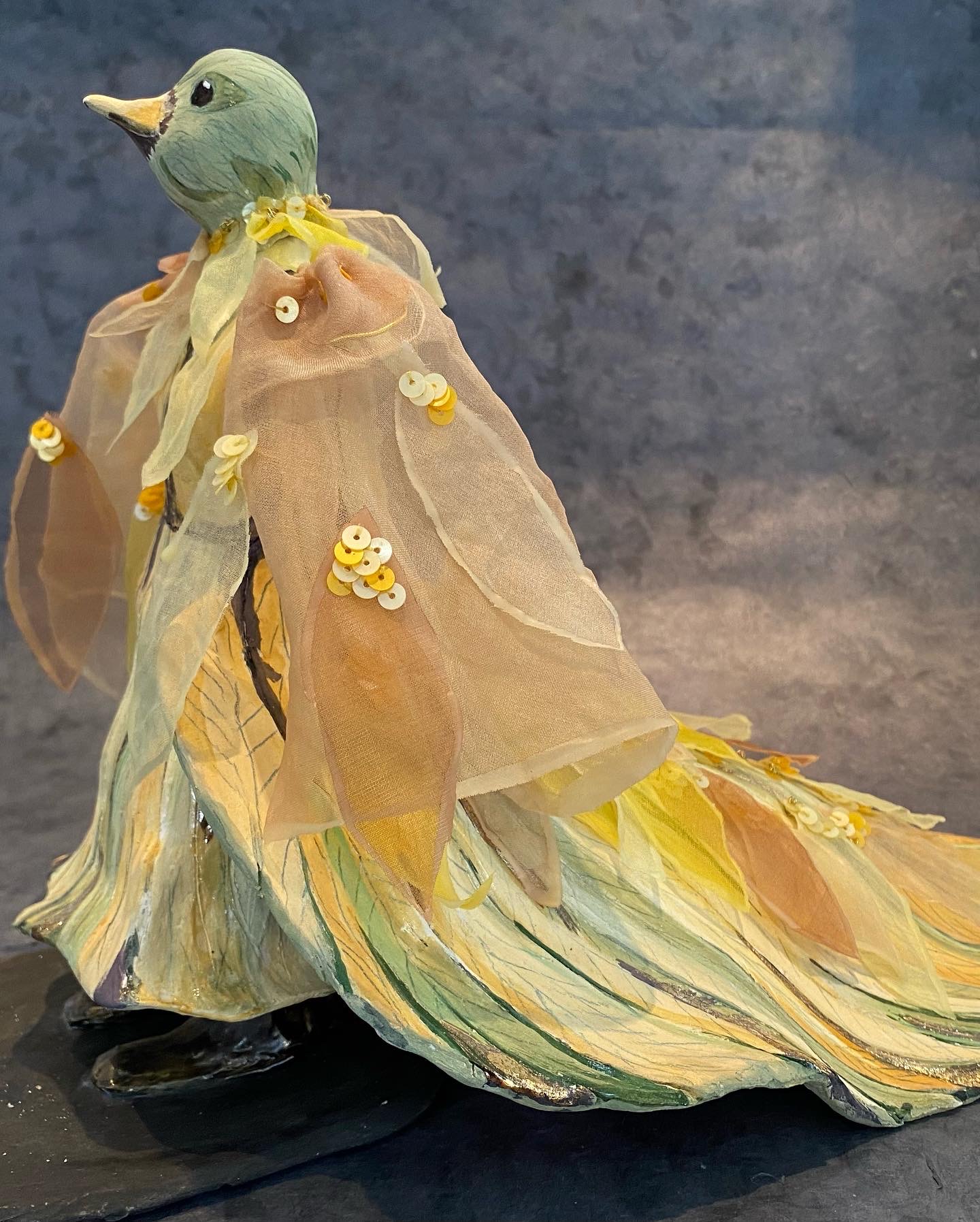 Untitled (bird with cape), SOLD → ceramic glazed with 20 karat gold luster, silk fabric dyed with onion skins and turmeric, seqiuns