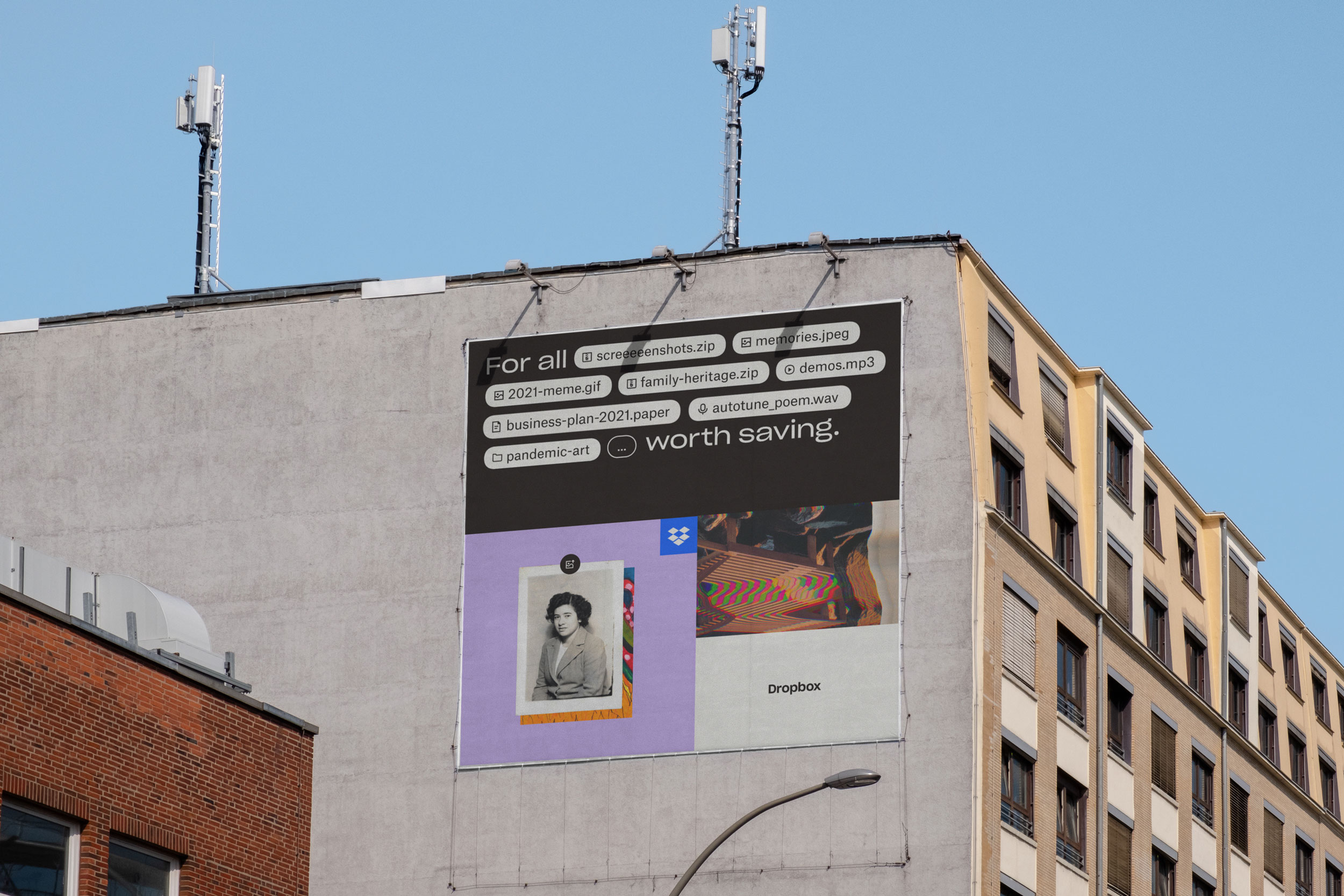 DROPBOX BRAND CAMPAIGN 2021 – For All Things Worth […]  A statement celebrating that those files are more than just files. They are passion projects, art, memories, and they are worth a safe space to live. This campaign is a narrative north star across marketing and expands to all Dropbox multi-product offerings.  Made with Dropbox Brand Studio, COLLINS (Visual identity system) and Instrument (Campaign)