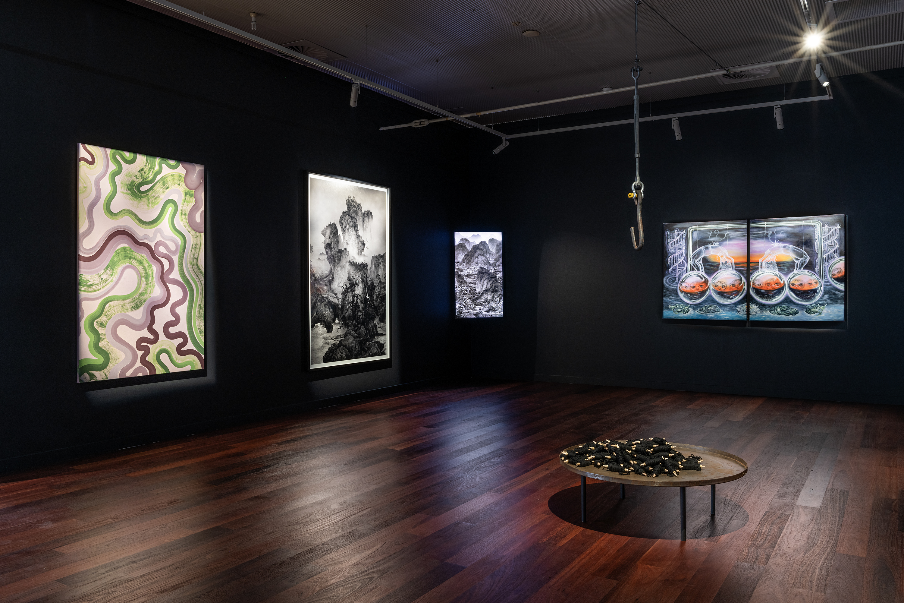 Big Pendulum Swinging (diptych) (2024) oil on canvas, 130 x 200 cm.  Installation View. Photography Kai Wasikowski.