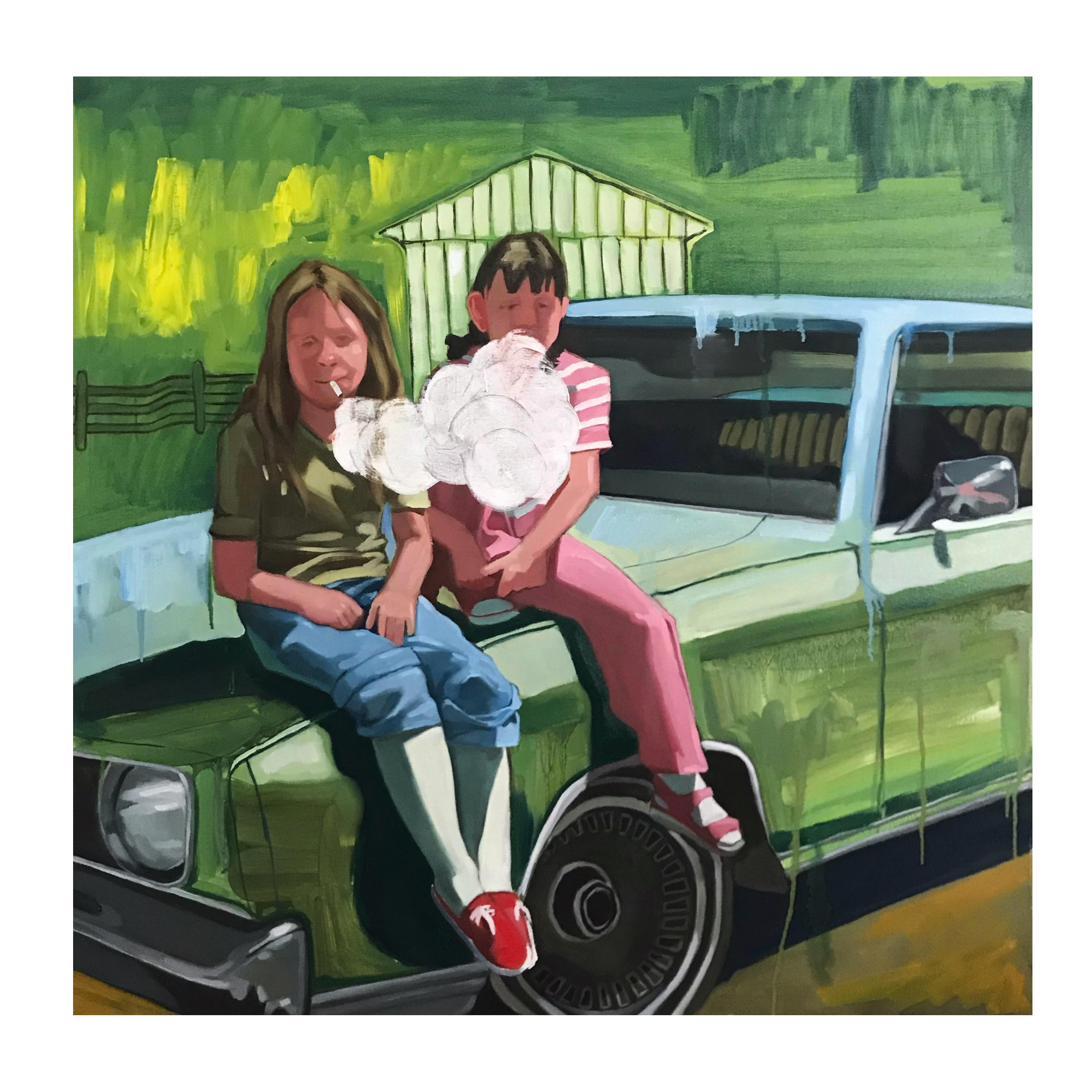 A painting of two figures with medium-light skin tone who are sitting on the hood of a green car, in front of a green sky. One of the figures is smoking a cigarette, which is putting off a thick opaque smoke cloud in front of the two. The image is rendered in a flattened dream-like style.