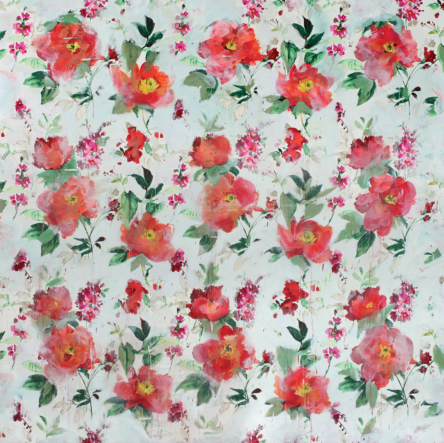 Wild Roses, 2019 Painted acrylic embellishments on printed fabric  52 x 52 in.