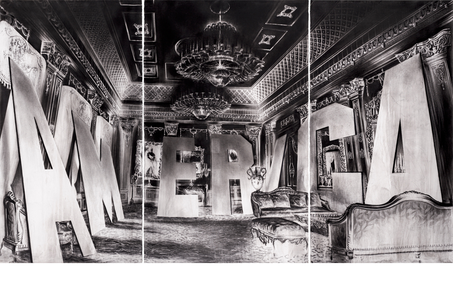 The politics of forgetting, 2020. Charcoal on paper, 84 x 144  inches.