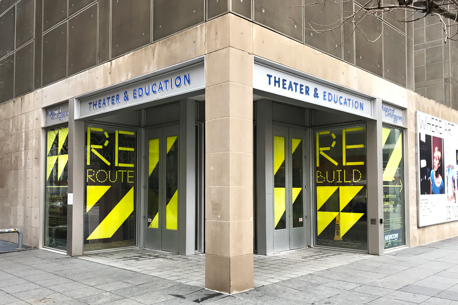 MCA CHICAGO RE: RE: RE: RENOVATION IDENTITY, 2017. Design Direction: Dylan Fracareta; Design: Gabriel Melcher.