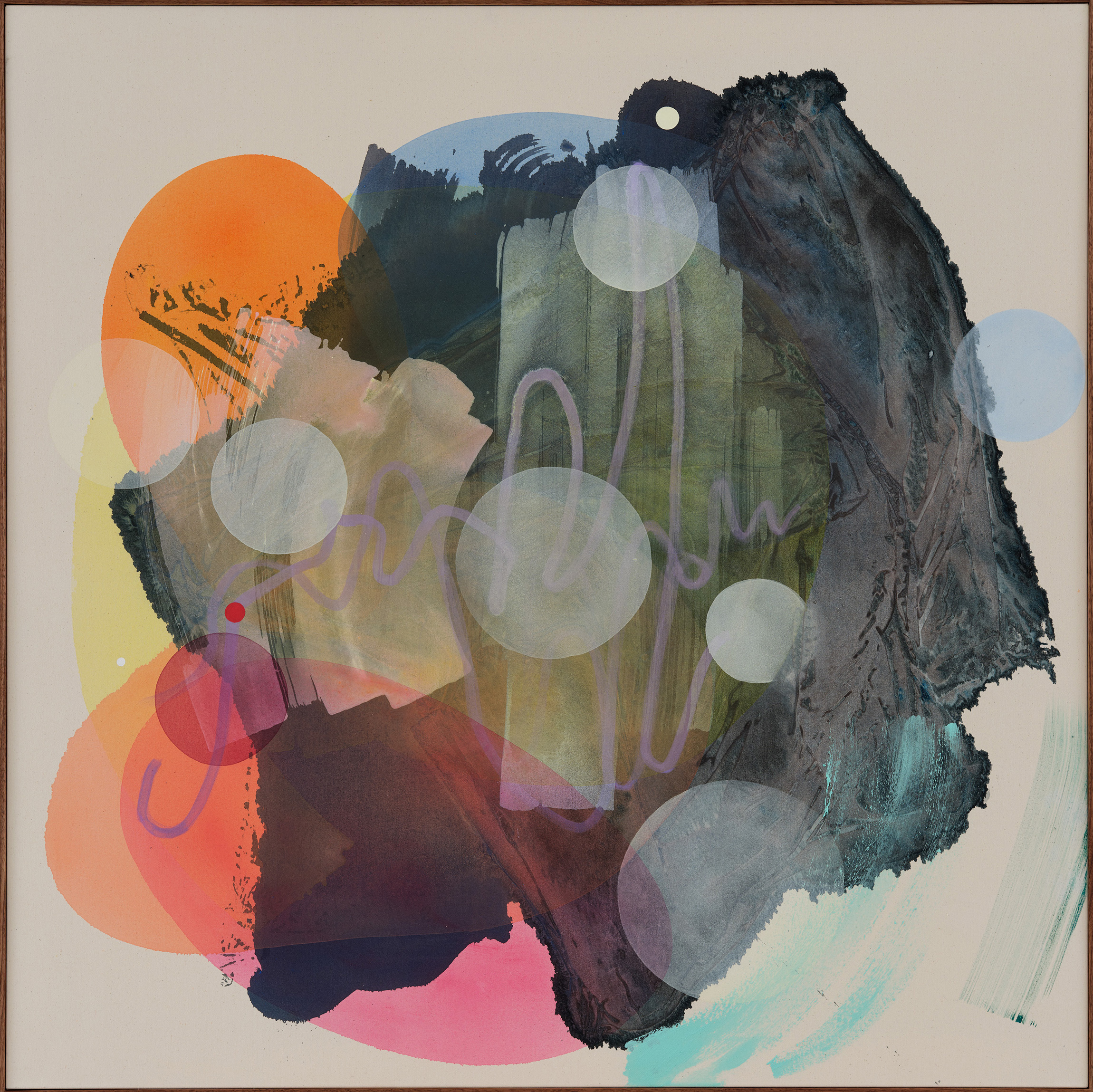 Backscatter, 2022, acrylics on canvas, walnut frame, 154x154 cm