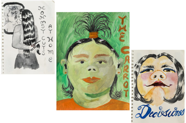 3 Paintings. The first painting is of a womans back, she is looking into a mirror and we can see her front in the mirror. She is using scissors to cut the back of her long hair. There is text that reads: "Honest cuts at home". The second painting is a portrait of a woman with her hair in a pony tail at the top of her head. Her hair protrudes from the top of her head in different directions. There is text that reads: "The carrot". The third painting is of the face of a woman looking down quizzically. There is text that reads: "decisions".