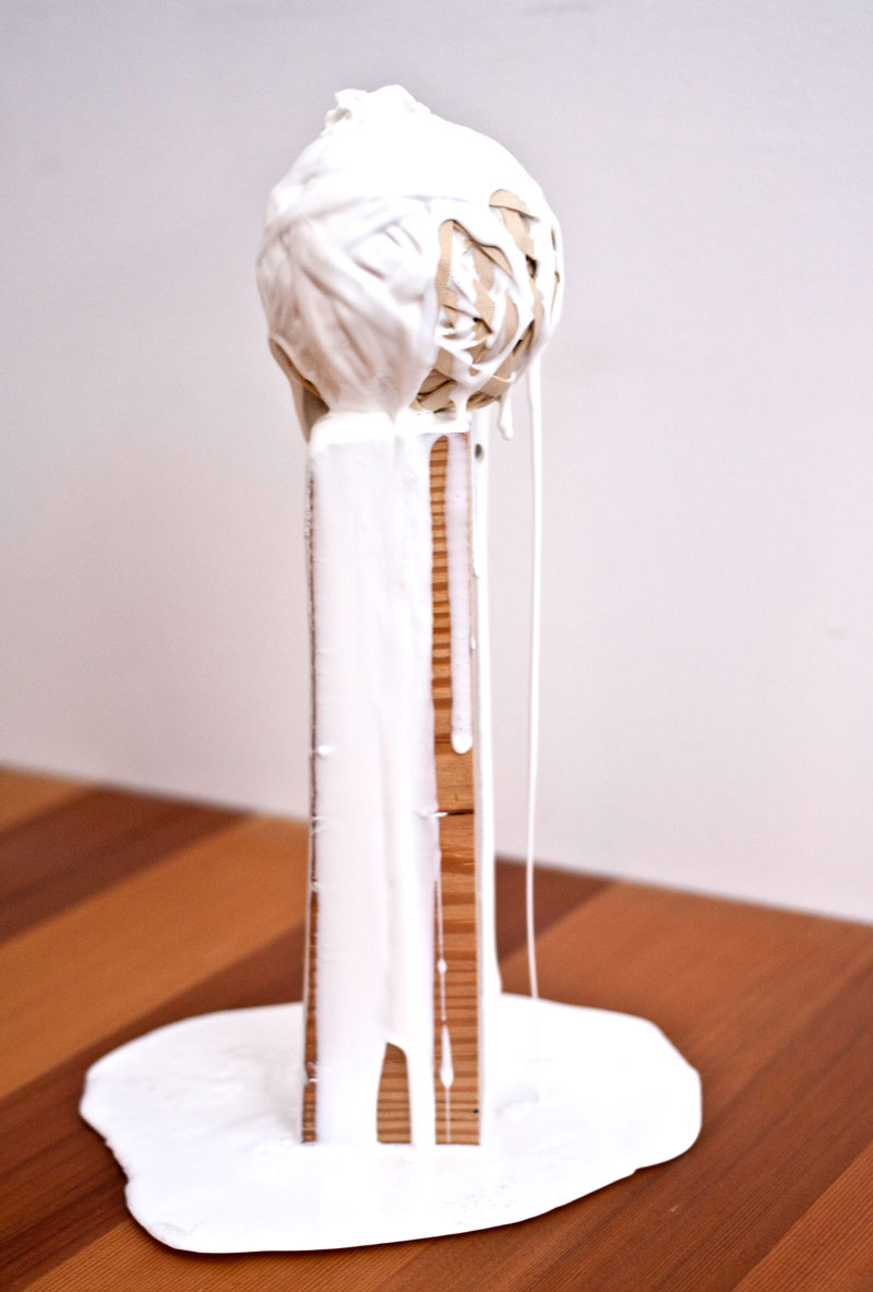 Trophy, 2014, 12"x4"x4". Rubber bands, plastic, wood