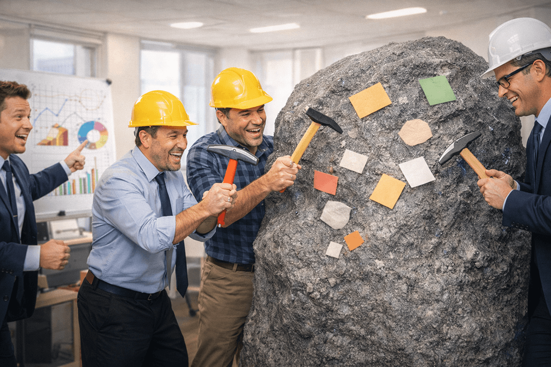 Intentionally awkward stock photo of office workers wearing construction helmets in a modern office, using toy pickaxes to &ldquo;mine&rdquo; keywords from a giant foam rock labeled with blank shapes (no readable text). One person points at a chart with nonsense graphs (no words). Overlit, cheesy corporate vibe, slightly uncanny hands, wide banner crop, no text, no logos.