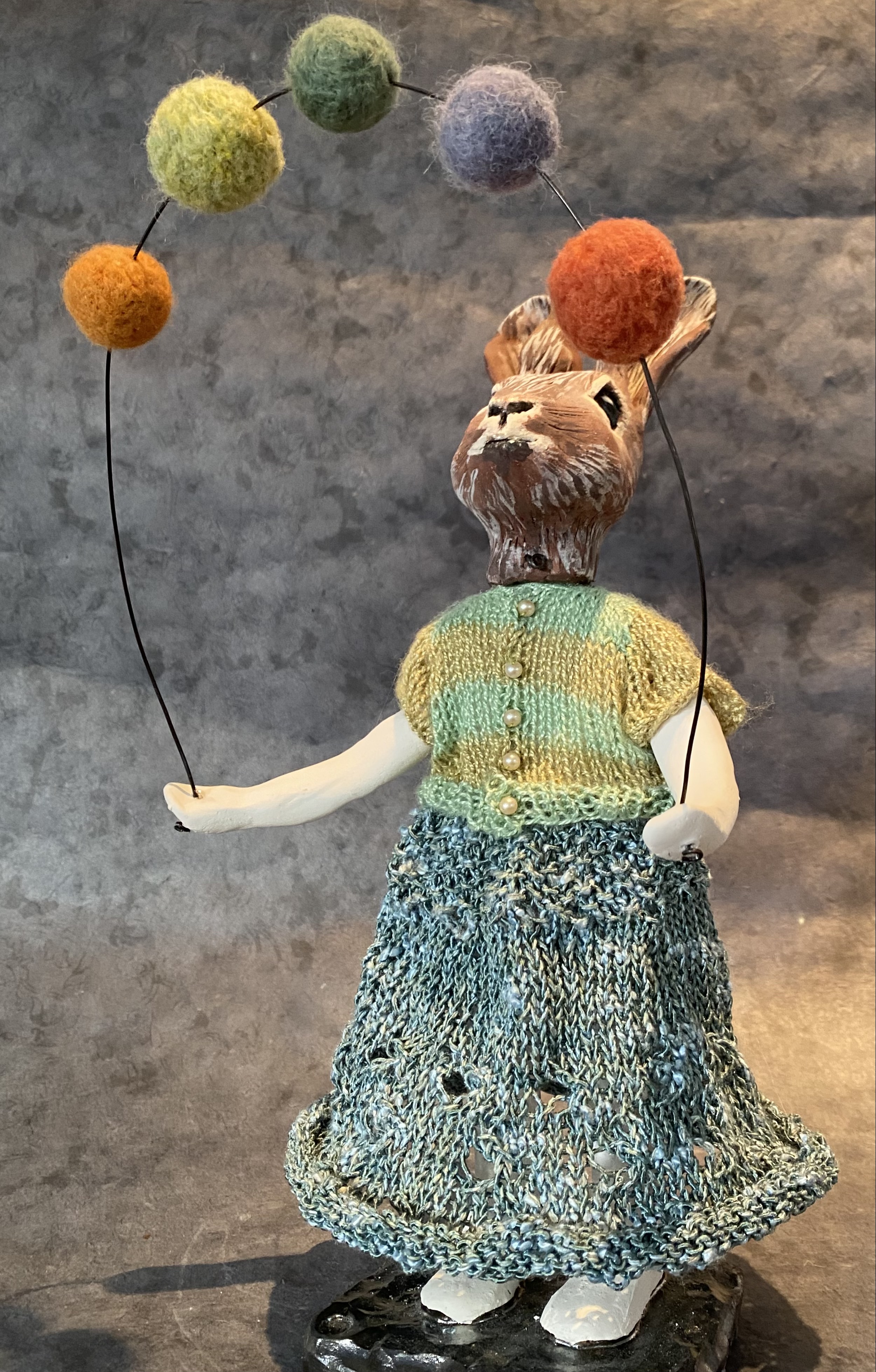 Juggler II, at The New Local Gallery → ceramic, porcelain, crochetted and knitted silk and linen yarn, felted wool, pearl beads, wire
