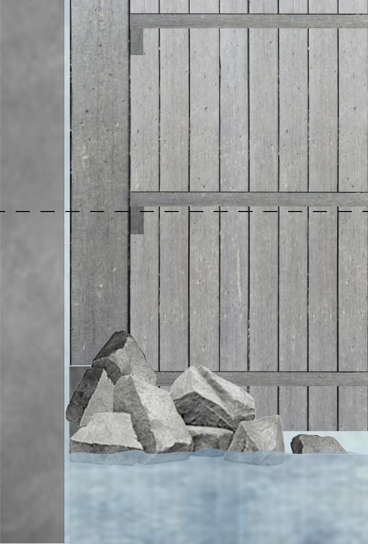 Inside the chambers; Bigger rocks lay on top of the gabions right below the surface, rising above it so the water can slide through the gaps and cracks. 