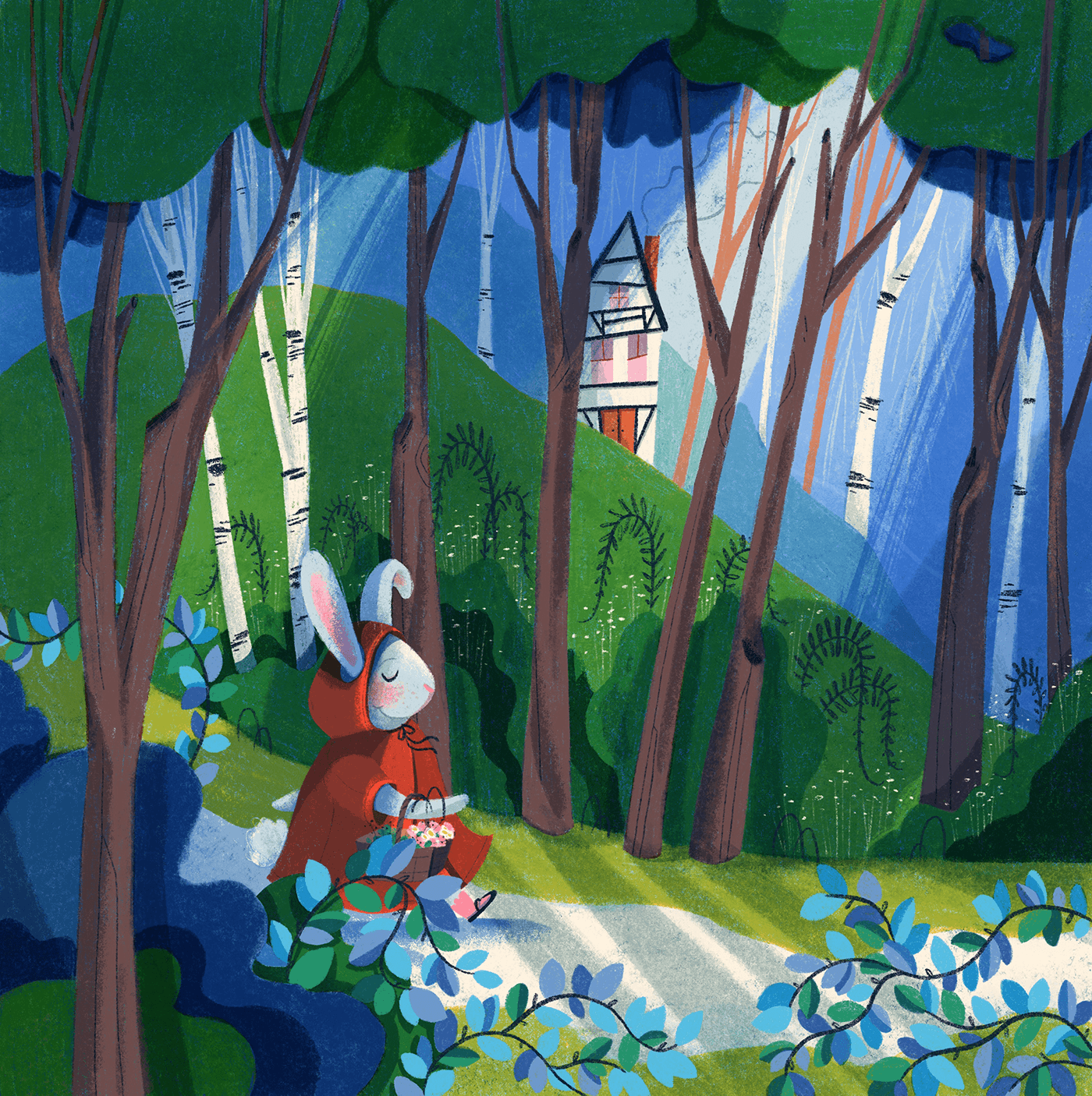 Little Red riding hood Bunny walking through a path in the forest.