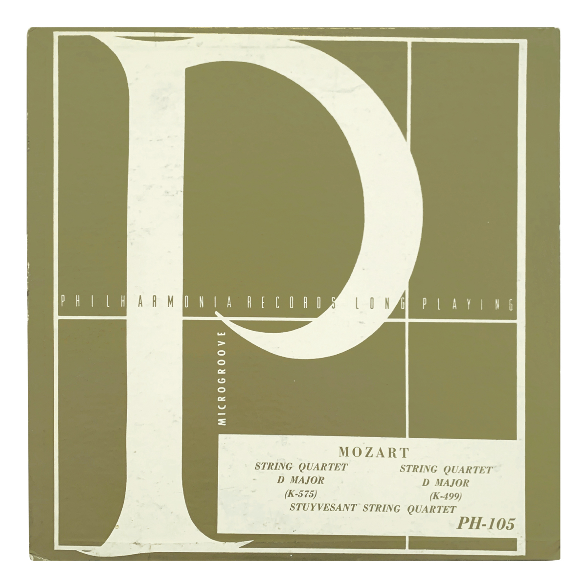 Philharmonia Records PH 105 Wolfgang Amadeus Mozart - String Quartet in D major, K.575; String Quartet in D major, K.499 Stuyvesant String Quartet Design: Arthur Lidov (credited)