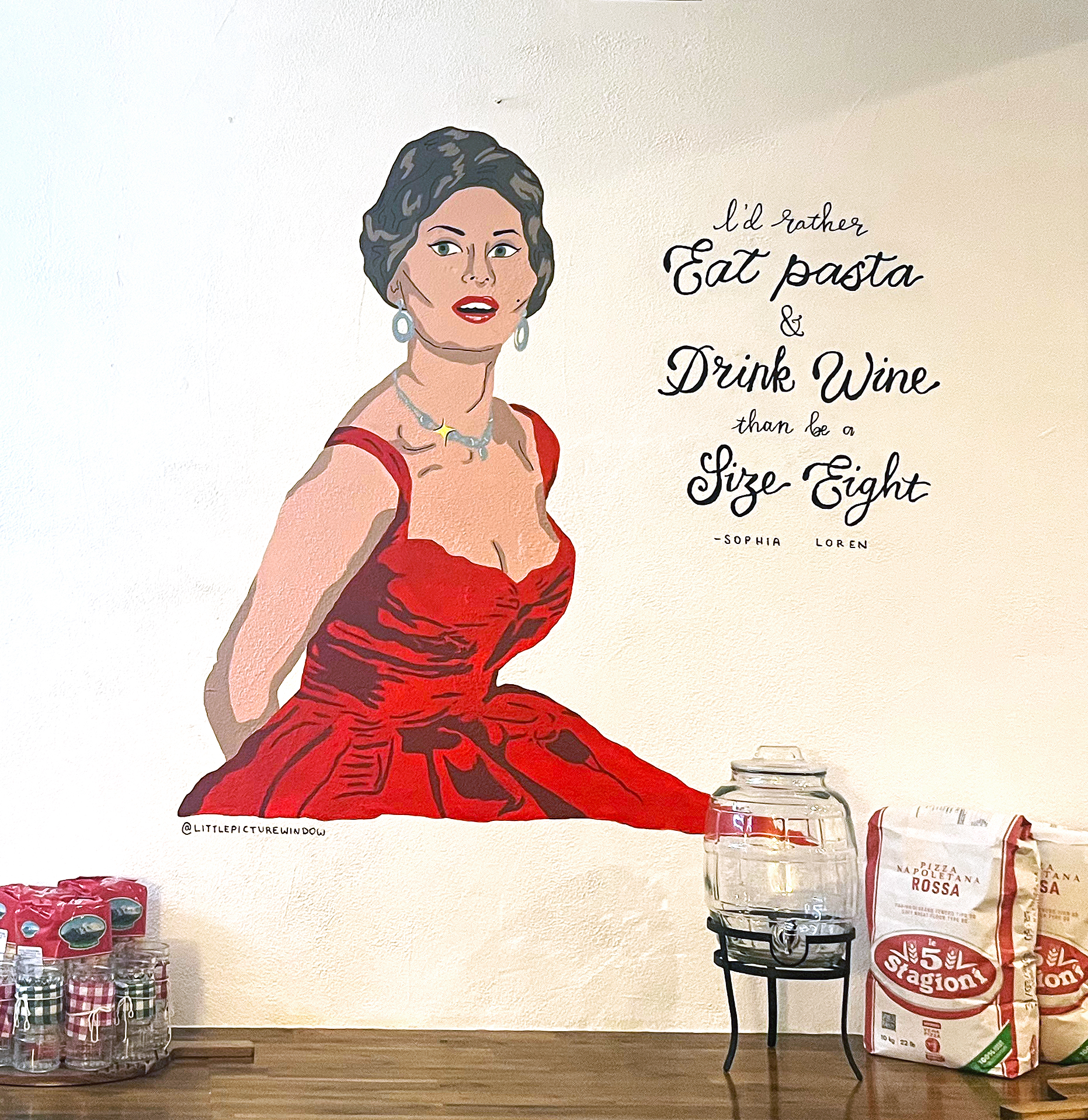 Figurative mural and lettering for Amici Pasta and Pizzeria, 2024.