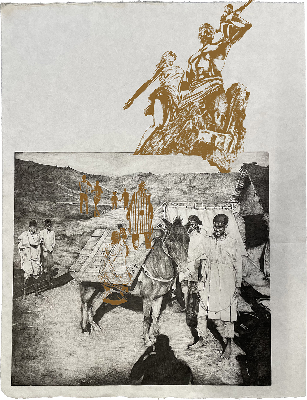 Les Soeurs Chevalme Hors Champ 23, 2024 Dessin au feutre noir et dessin superposé en sérigraphie saupoudré de paillettes dorées sur papier japonais Mingeshi 65 x 50 cm Courtesy de l'artiste et de la Galerie 8+4