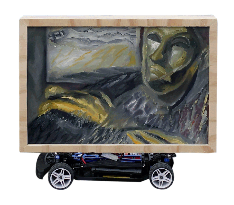 Scuderia Ritrattofour-wheel remote-controlled painting, mixed media, 53x45x20cm, 2024 · info