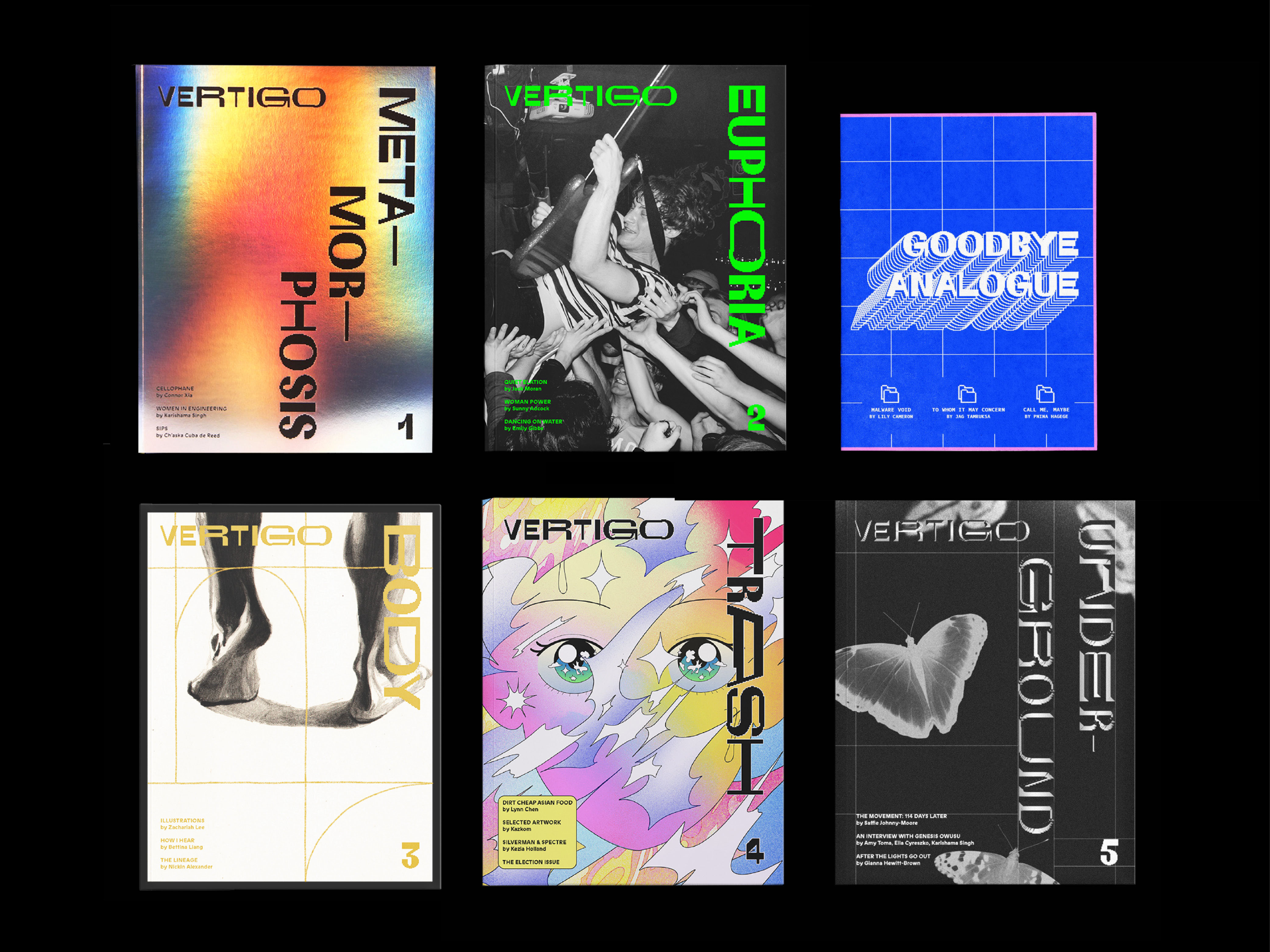 For UTS' student publication Vertigo, the visual identity was created to be bold, experimental, and inviting. We developed a masthead that had a lo-fi aesthetic, harkening back to the days of DIY and everyone having a go, no matter how amateur. Designed in collaboration with Sophie Tyrrell, Karishama Singh, Elby Chai, Jennifer Wen, and Rachel Lee.