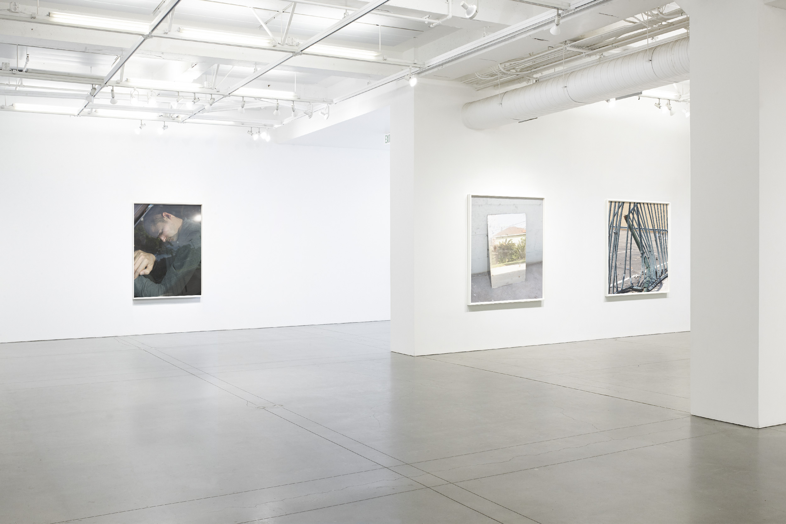 From left to right: 1. Frank, Hi Point Street, Los Angeles, 2019 2. Mirror (Telotype #1), Muirfield Road, Crenshaw, 2019 3. Gate (Telotype #190), North Main Street, Los Angeles, July 2021. 36x48" (91.4x121.9cm), archival inkjet prints mounted on dibond and framed, edition of 5. From the series: Telotypes (2019-2023).