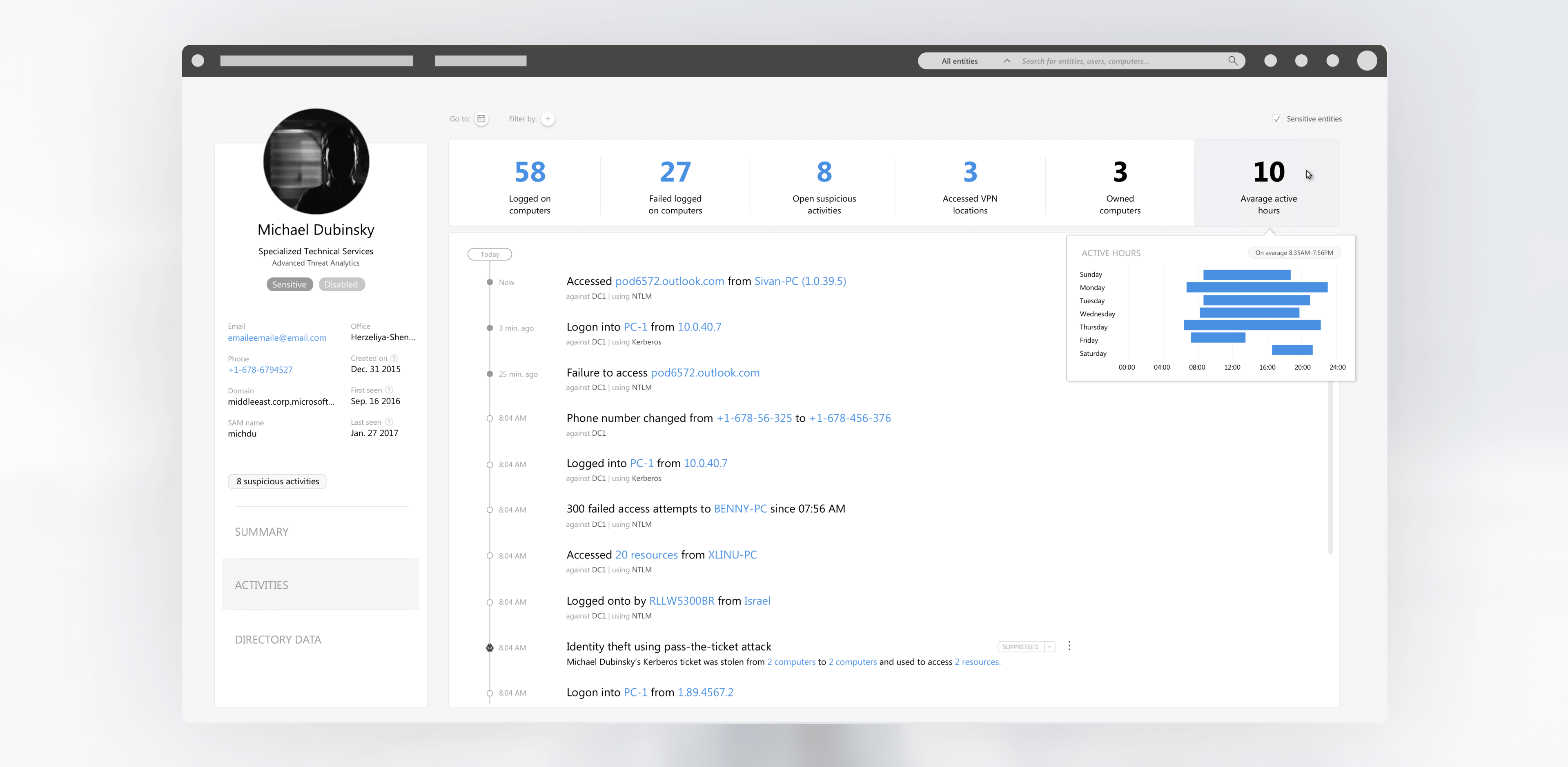 Advanced Threat Analytics (ATA) profile page after redesign, Activities tab (3).