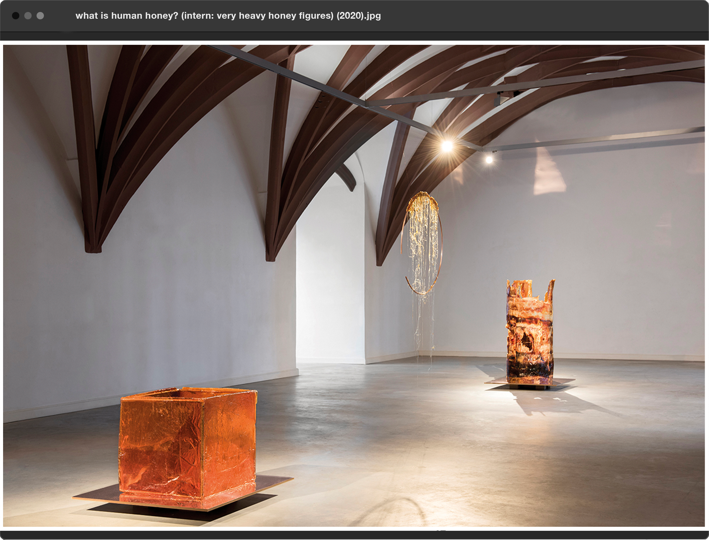 exhibition view honey figures sculptures made out of honey sugar