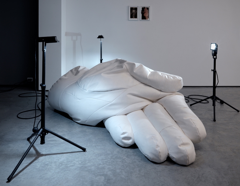 Antonis Pittas, Throw Hands, 2015, cushions, artificial leather, furniture stuffing, 240 x 50 x 100 cm