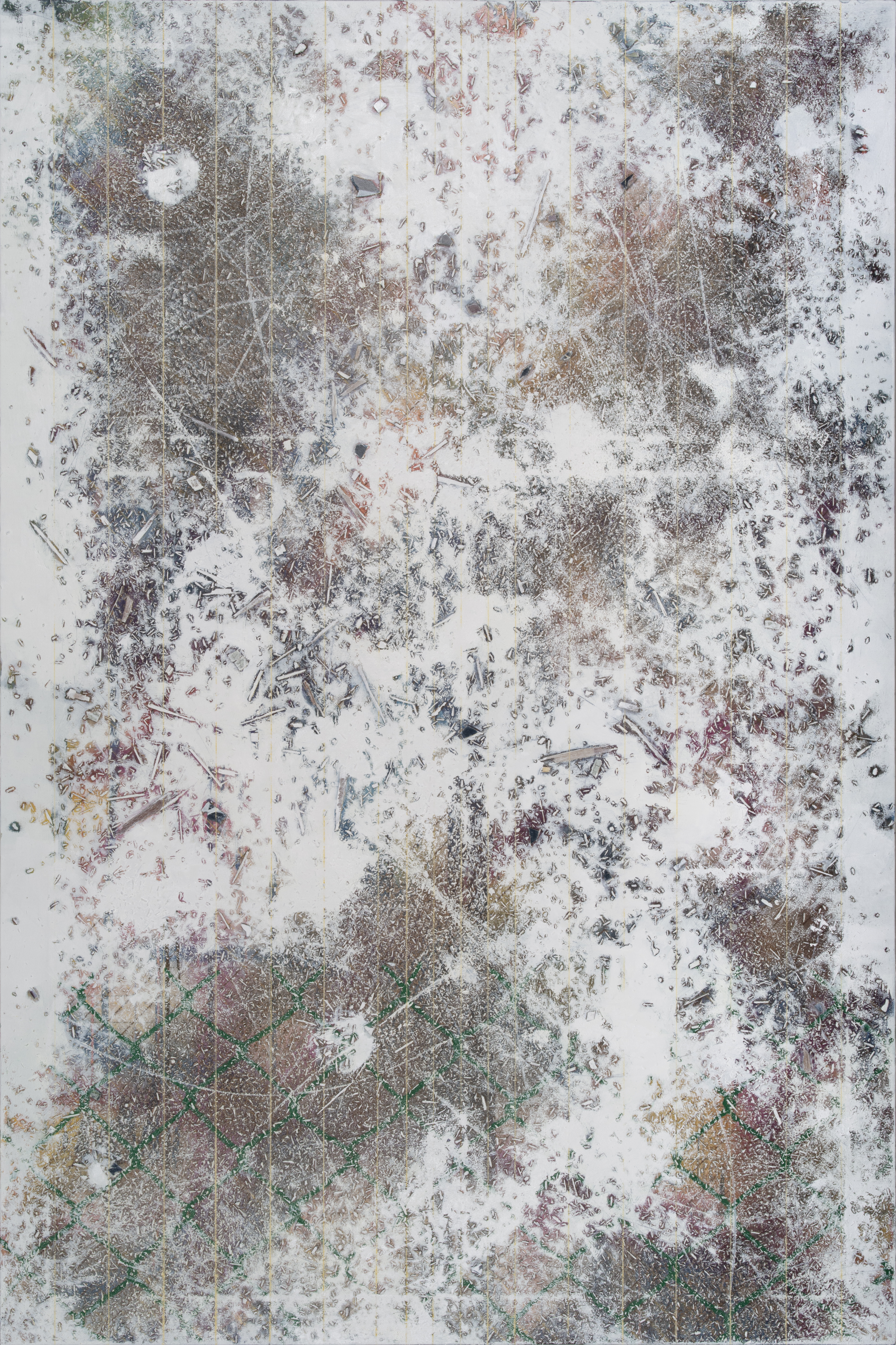 Exercise for Painting (Green fence B) — Fragments of collected object, acrylic spray, chalk powder, oil on linen, 194 x 130 cm, 2025