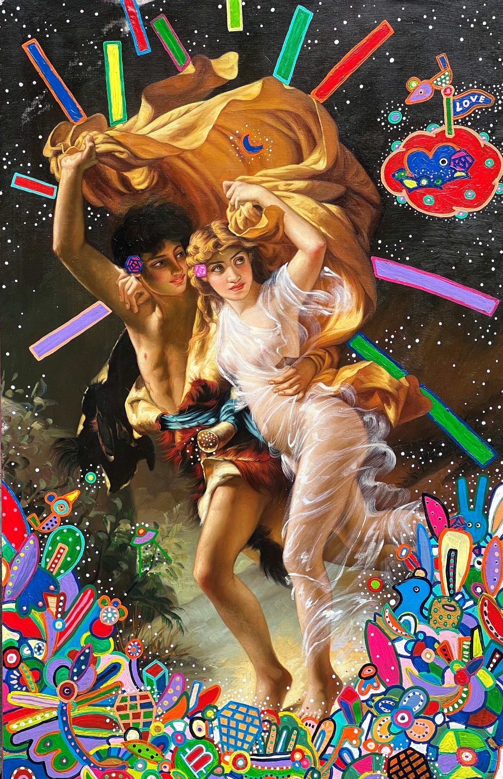 花園裡的暴風雨。Storm in the garden。Oil paint, acrylic paint, ready-made objects. Linen 2022