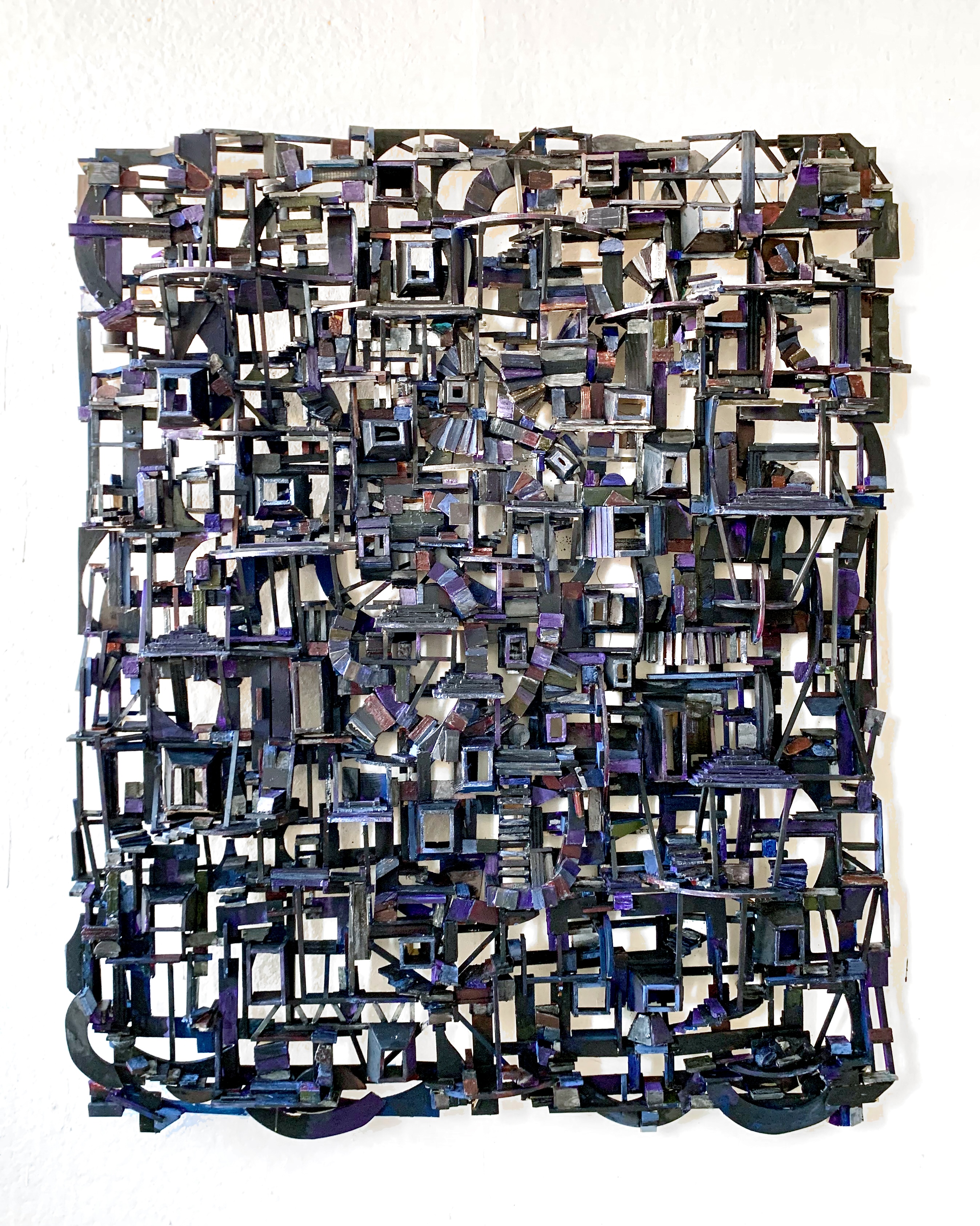  Dark City , 2025, 54"x42"x5", acrylic and flashe on assembled wood