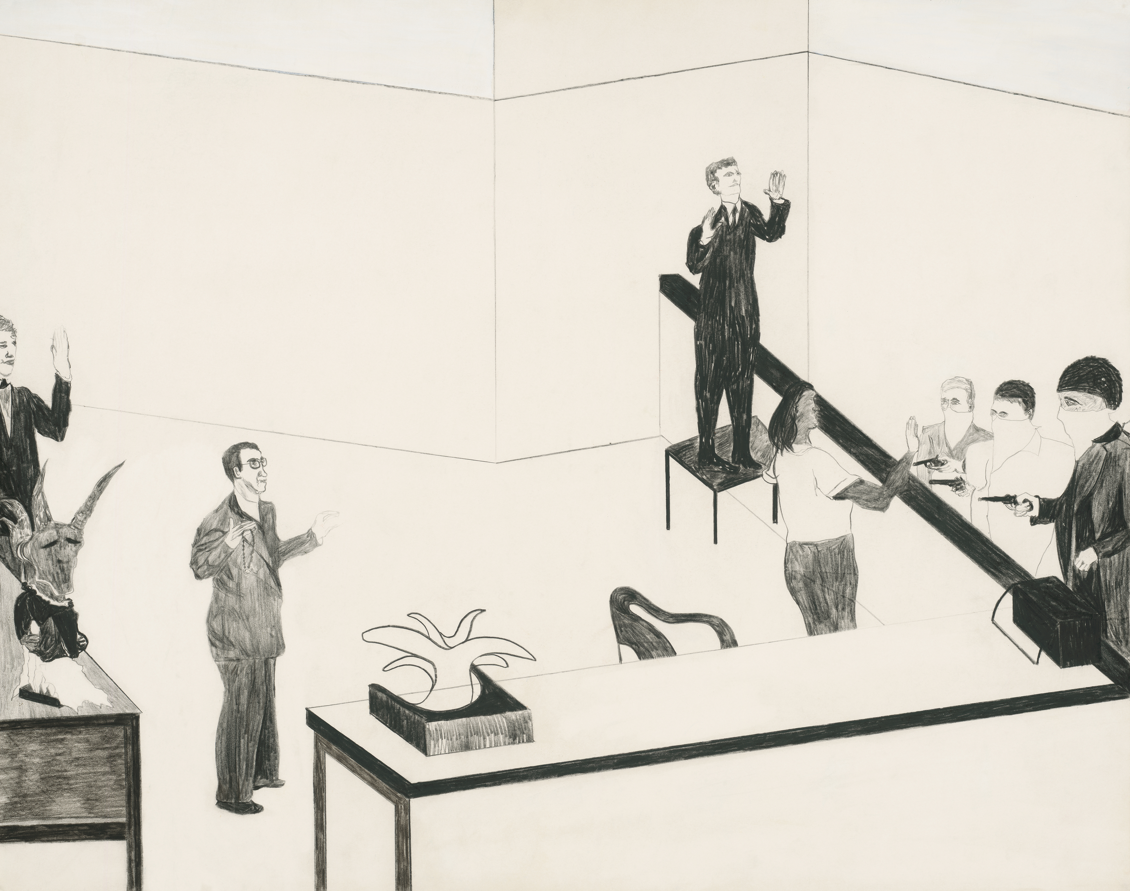 Bank Robbery and African Sculptures, 2014, Pencil on Paper, 66x53 cm