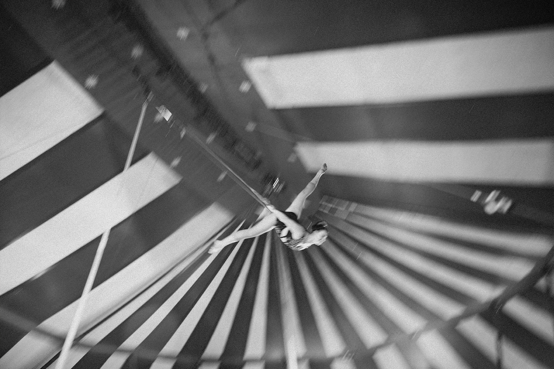 Trapeze artist Miss Simone performs at the Culpepper & Merriweather circus. Also a ring master and unicycle performer, she has been touring with the circus since 2003.