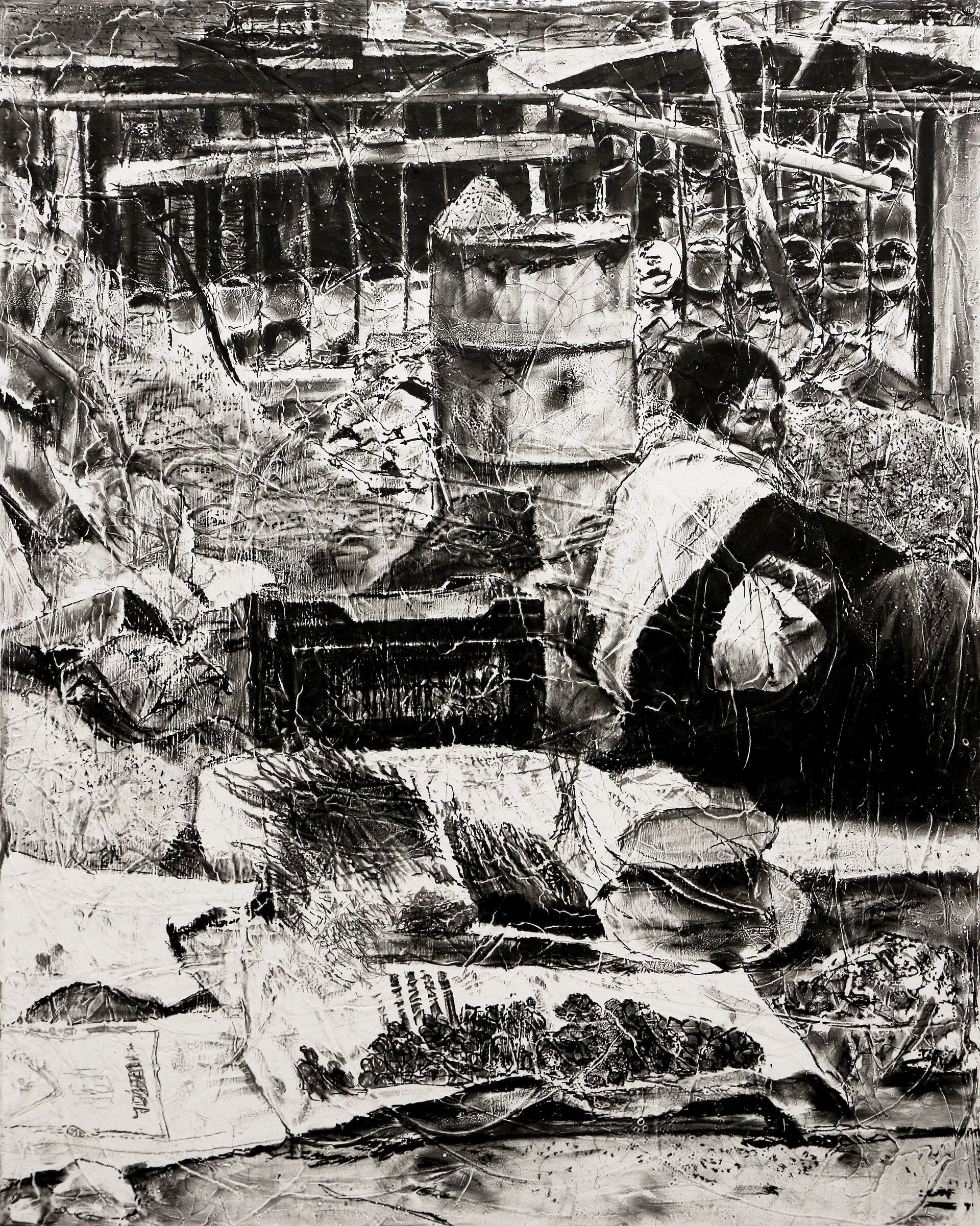 Woman selling vegetable in Katmandu, 2018, charcoal industrial paint on abandoned canvas, 90.9*72.7(cm)