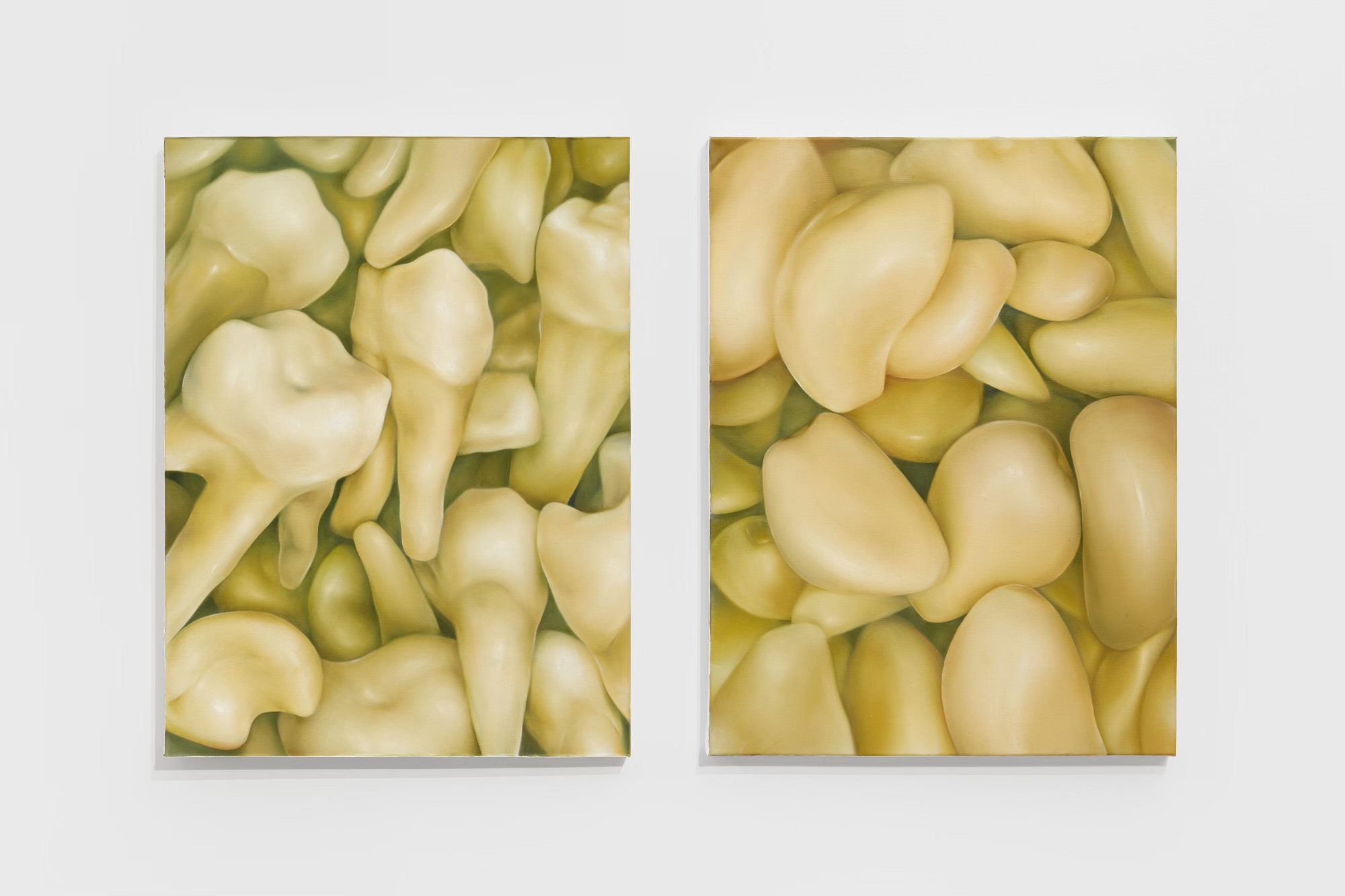 Ajo en los dientes/Dientes de ajo (2022), oil on canvas, 24x18" (each)